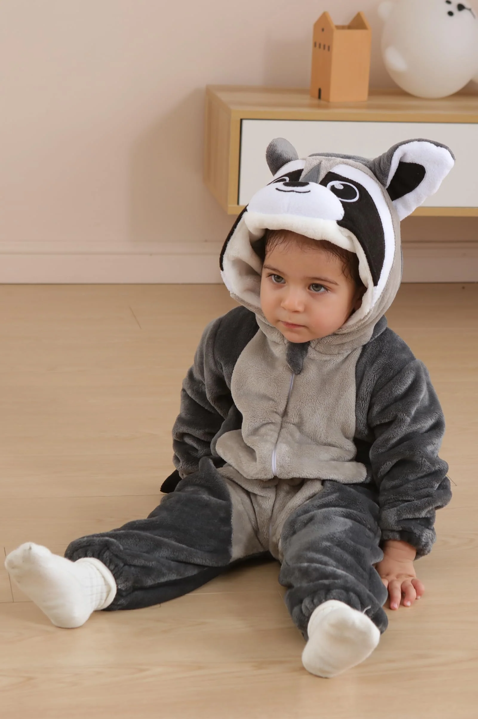 DarkCom Unisex Baby Animal Onesie Toddler Hooded Romper Halloween Cosplay Grey Raccoon Costumes Kids' Christmas Gifts 6-12 Months - Image 5