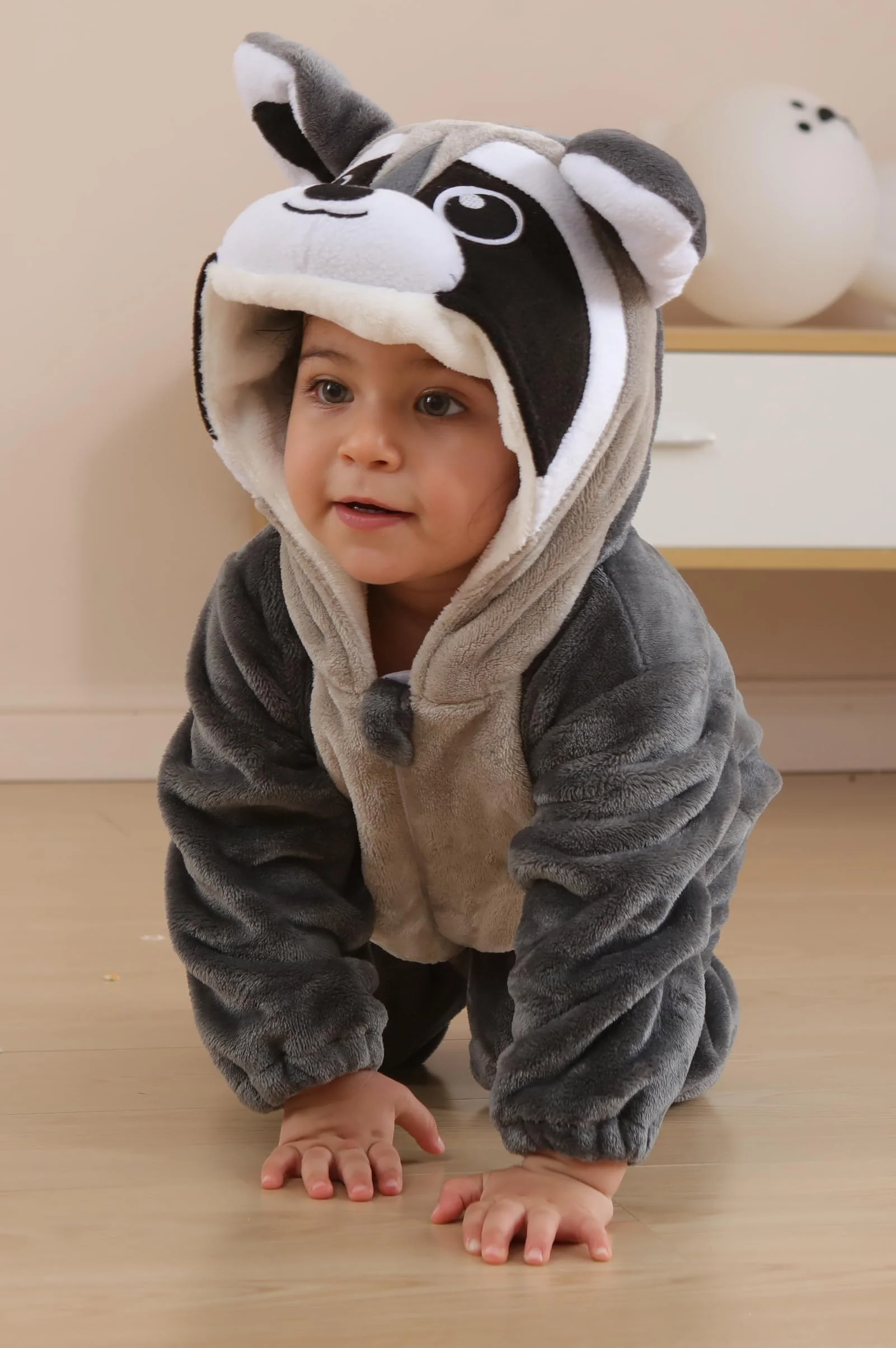 DarkCom Unisex Baby Animal Onesie Toddler Hooded Romper Halloween Cosplay Grey Raccoon Costumes Kids' Christmas Gifts 6-12 Months - Image 6