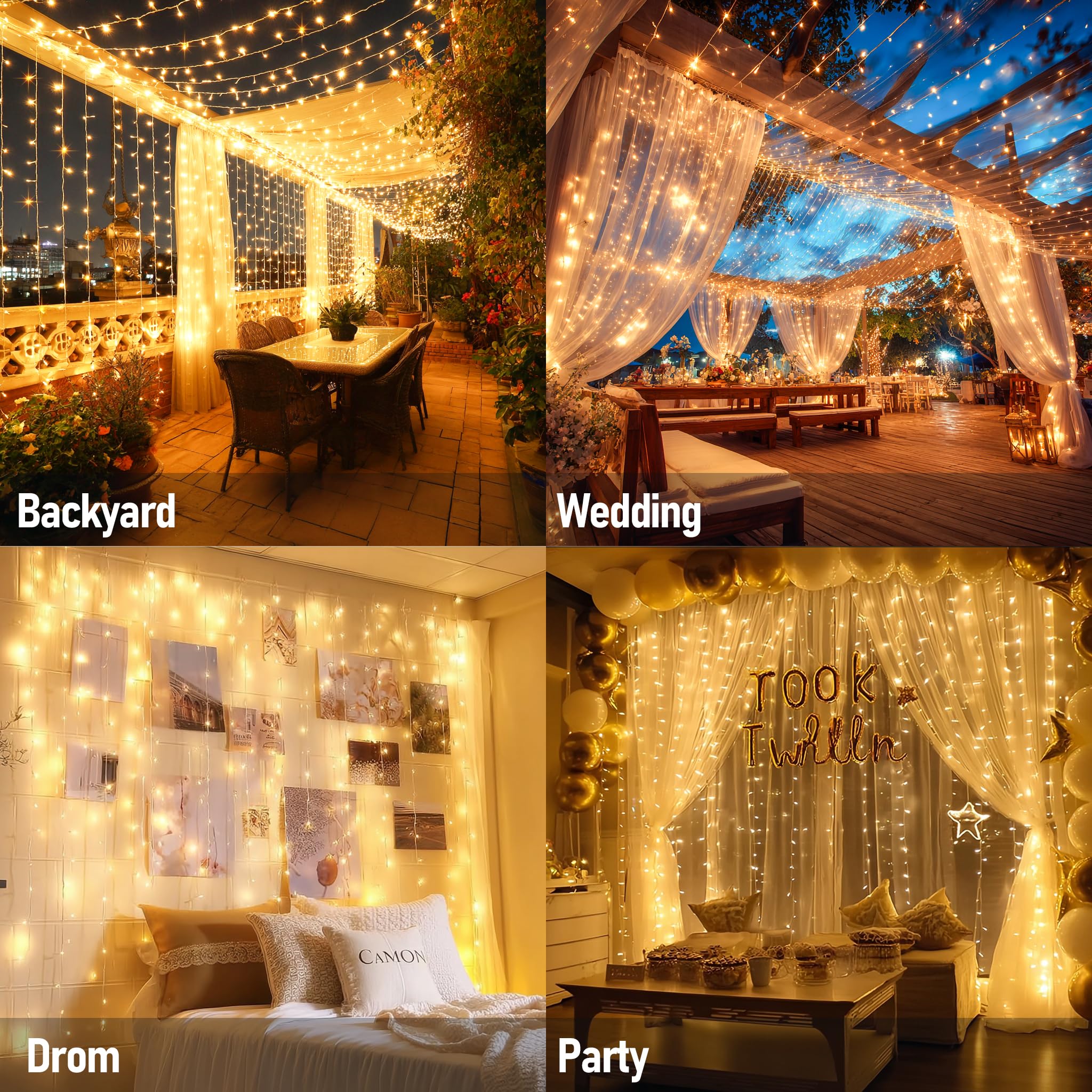 Dazzle Bright 300 LED Curtain Lights, Plug in Fairy Curtain Lights for Bedroom, Christmas Hanging String Lights Outdoor for Window Backdrop Wall Wedding Patio Indoor Dorm Party Decor, Warm White - Image 3