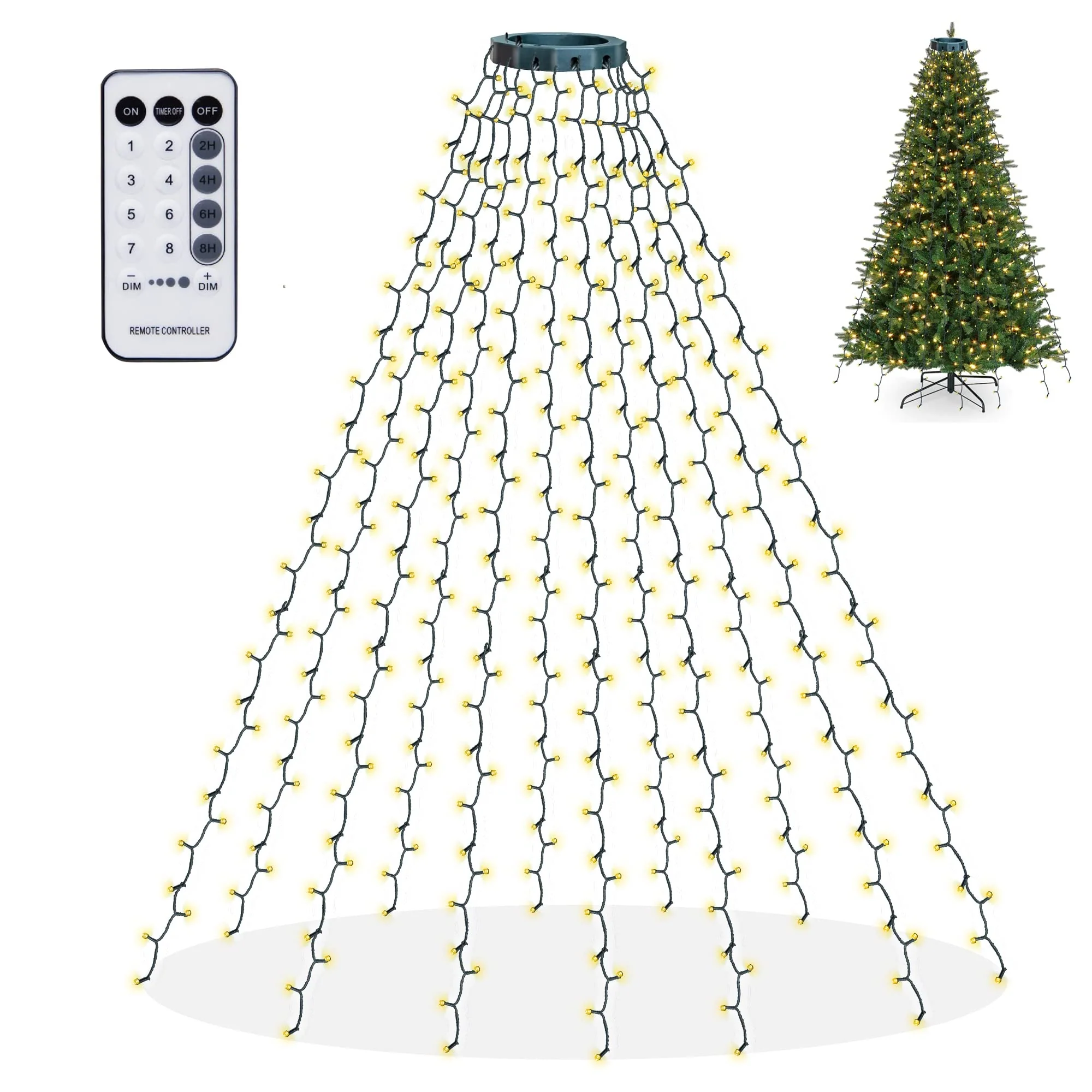 Dazzle Bright Christmas Tree Lights, 448 LED Waterfall Tree Topper Lights with Remote & 8 Lighting Modes, 8.2FT X 16 Lines Christmas Light for Indoor Outdoor Yard Party Xmas Decoration (Warm White)