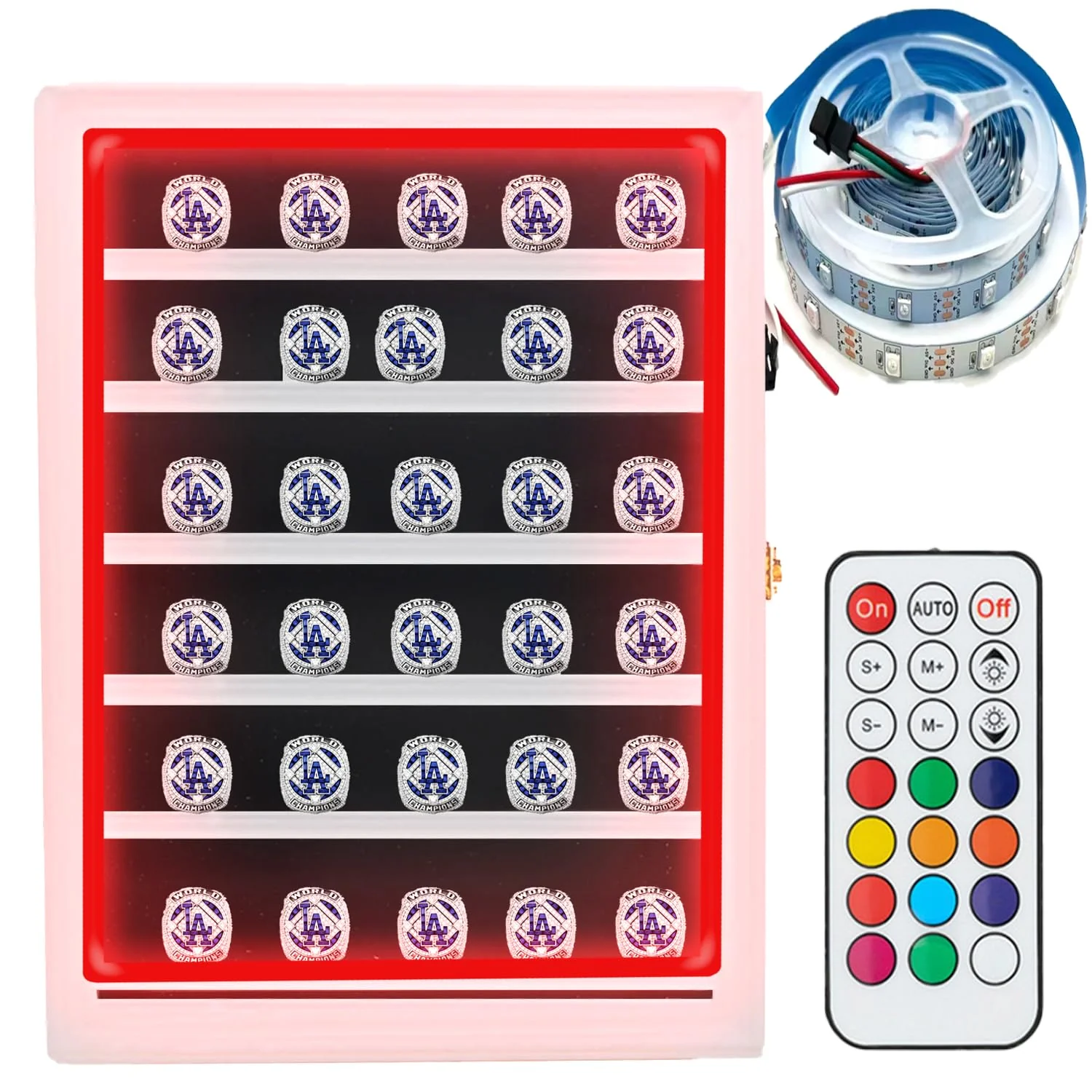 DEALZOOM Championship Ring Display Case RGB LED - 30 Ring Large Baseball Ring Display Cases – Wall Display Case Ring Storage, Baseball Ring Holder Display, Holds Basketball Football Rings (White)