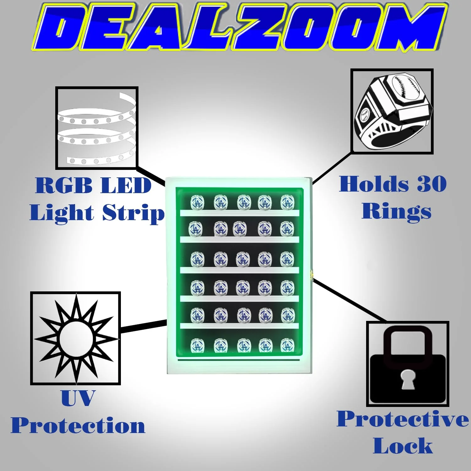 DEALZOOM Championship Ring Display Case RGB LED - 30 Ring Large Baseball Ring Display Cases – Wall Display Case Ring Storage, Baseball Ring Holder Display, Holds Basketball Football Rings (White) - Image 9