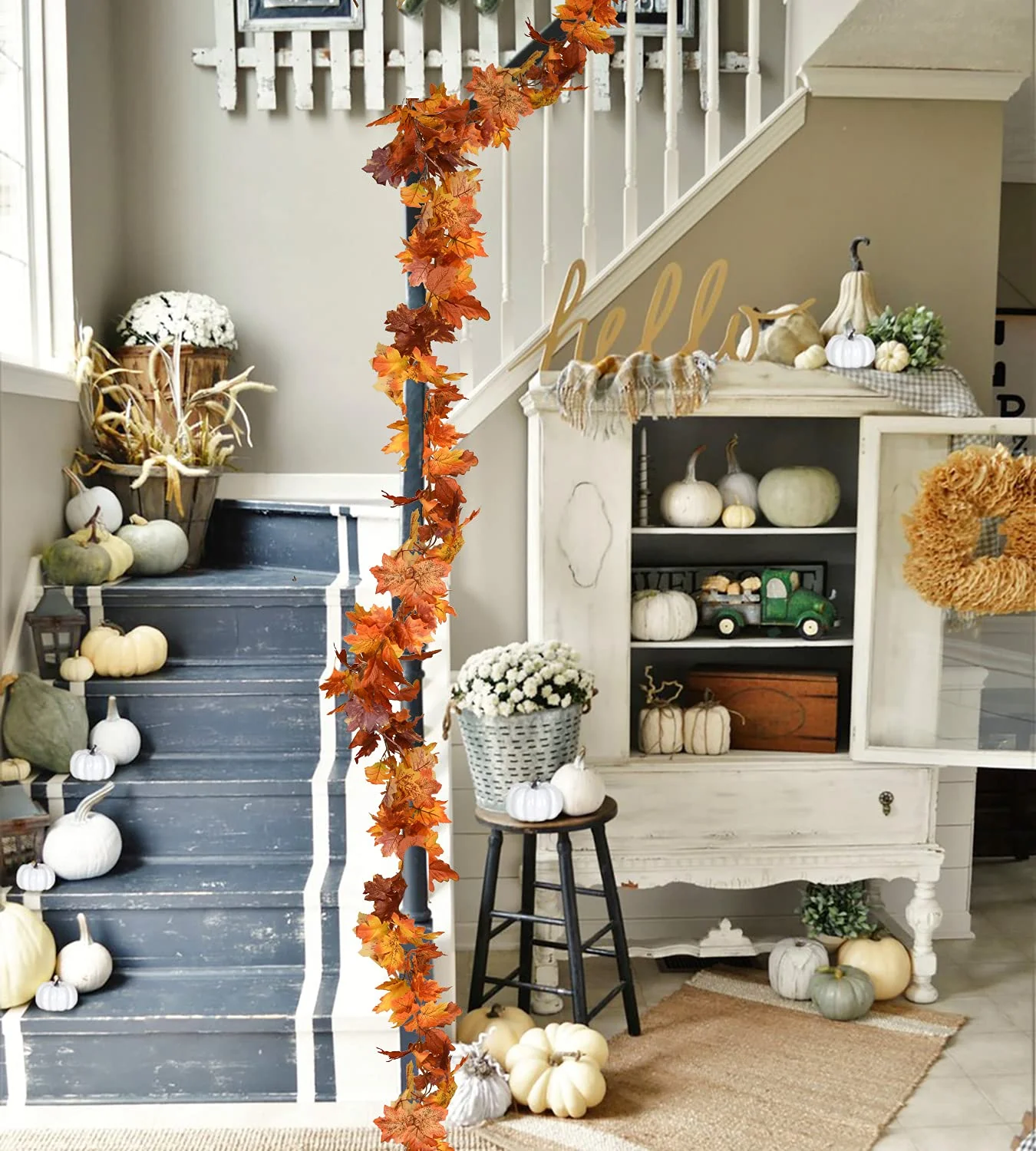 DearHouse 2 Pack Fall Maple Leaf Garland - 5.9Ft/Piece Hanging Vine Artificial Autumn Foliage for Thanksgiving, Home, Wedding, Fireplace, Party, Christmas Decor (Light Orange) - Image 6