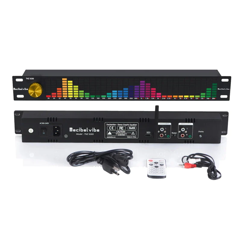 Decibelvibe TNZ SGE6 - Audio Graphic Equalizer with Rear RCA/3.5 Auxiliary Input and Output, Built-in Microphone, USB and Bluetooth Input, Preamp for Home Audio, DJ, HiFi Audio Setup (Gold)