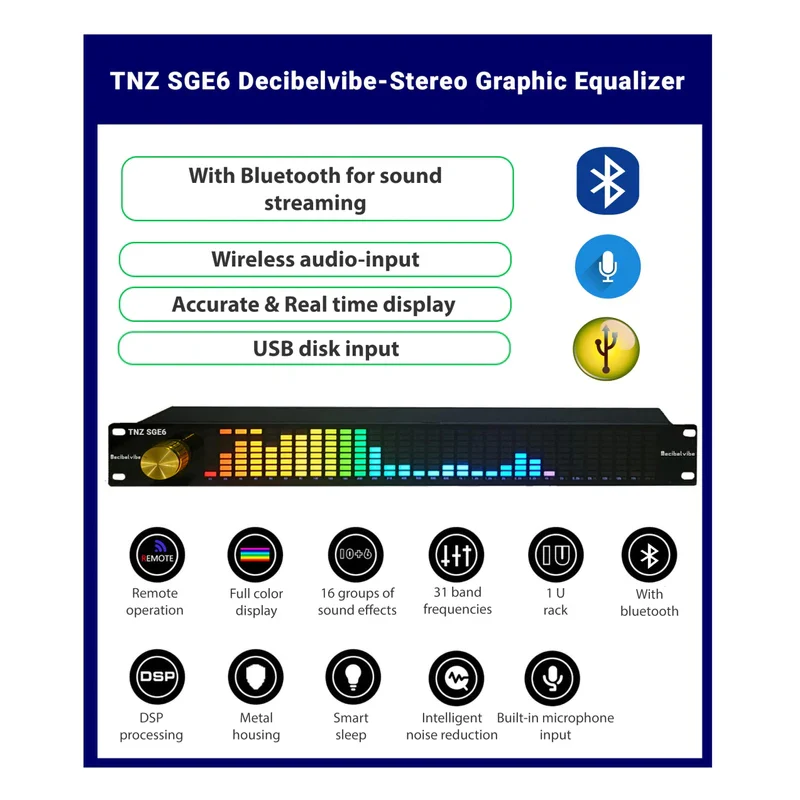 Decibelvibe TNZ SGE6 - Audio Graphic Equalizer with Rear RCA/3.5 Auxiliary Input and Output, Built-in Microphone, USB and Bluetooth Input, Preamp for Home Audio, DJ, HiFi Audio Setup (Gold) - Image 2