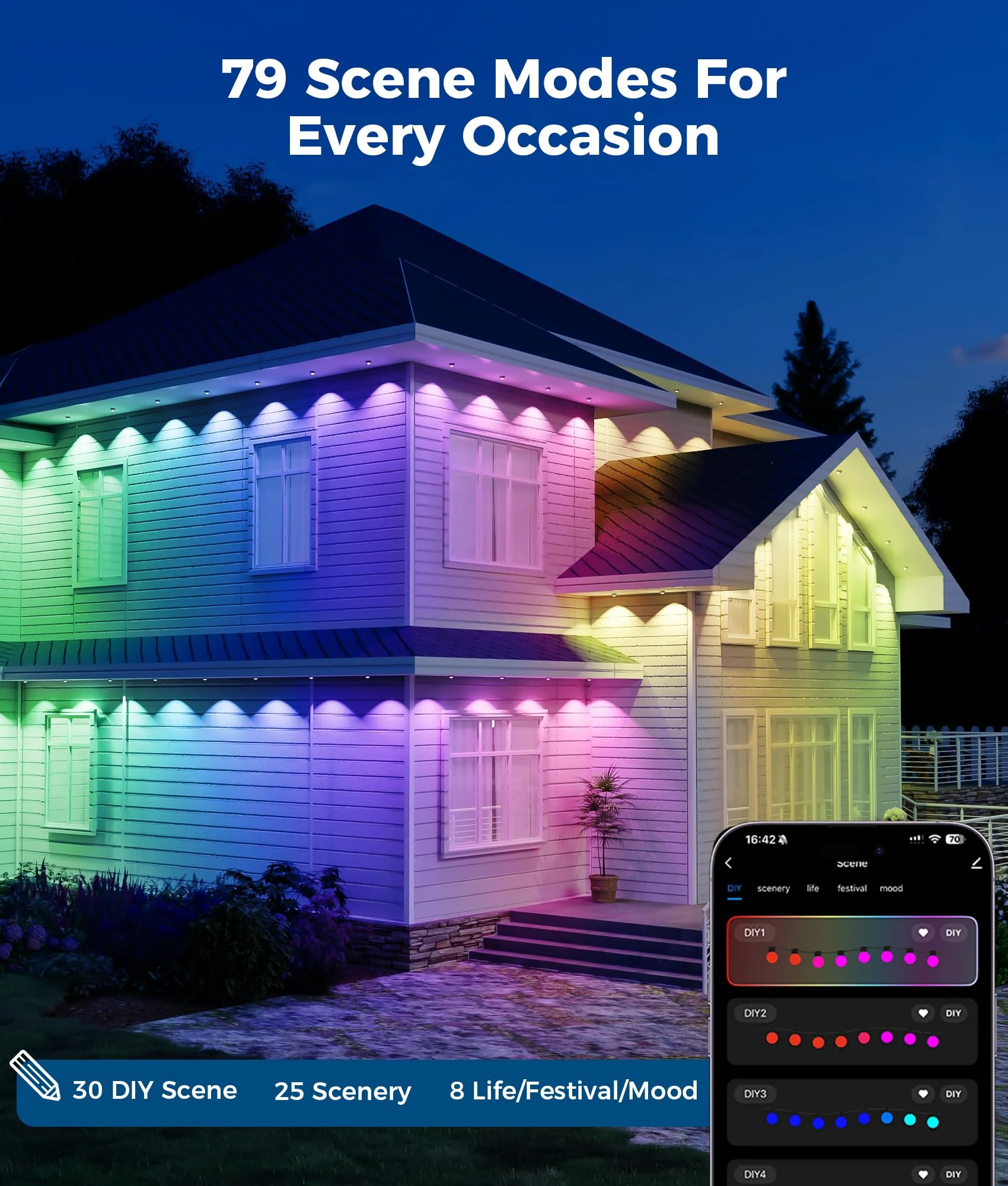 DeckTok Permanent Christmas Lights Outdoor, 100ft RGB & 60pcs LED Lights, 79 Scene Modes with Timer for Smart Outdoor Christmas Decorations, IP67 Waterproof Works with Alexa and Google - Image 7
