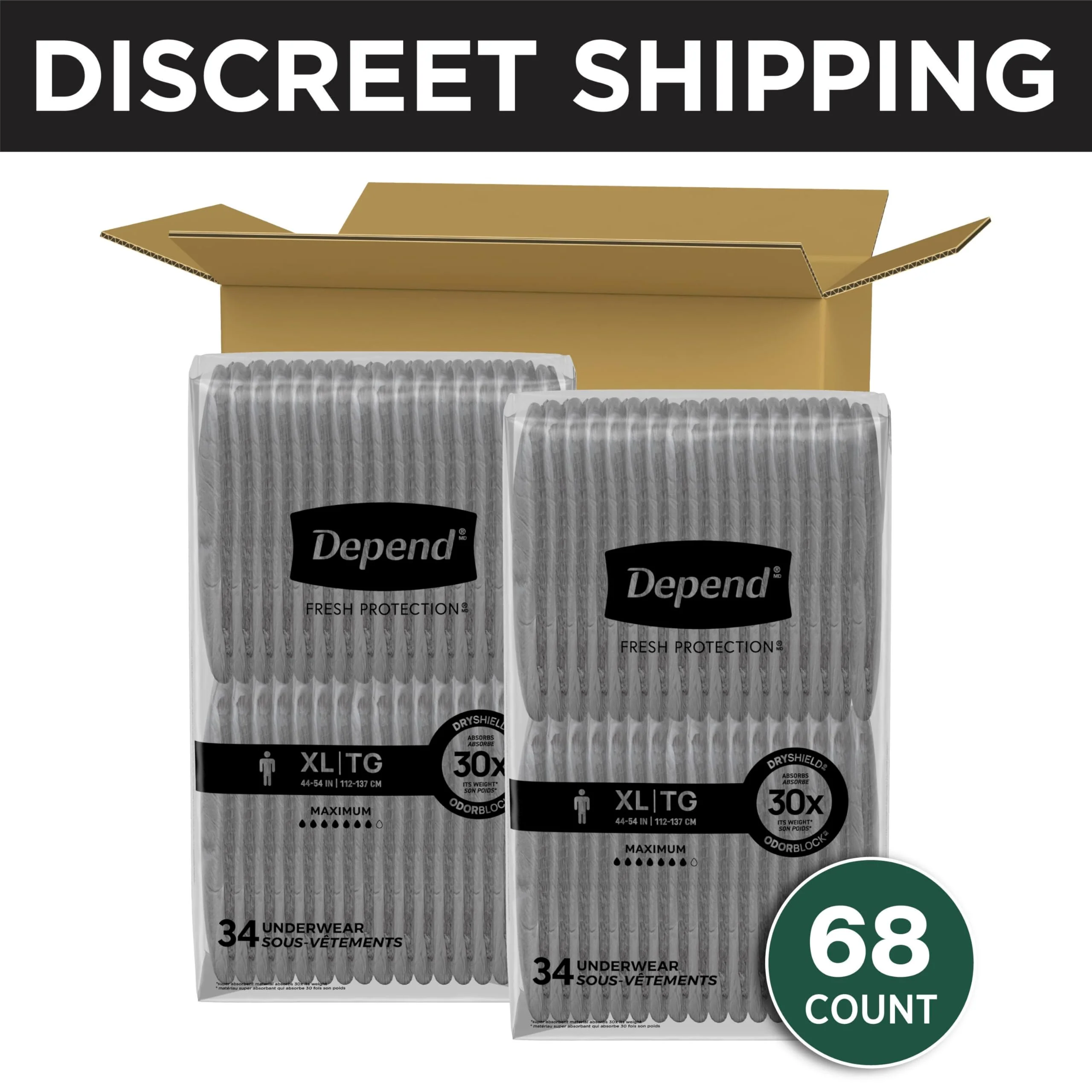 Depend Fresh Protection Adult Diapers, Incontinence Underwear for Men, Disposable, Maximum, Extra-Large, Grey, 68 Count (2 Packs of 34), Packaging May Vary - Image 8