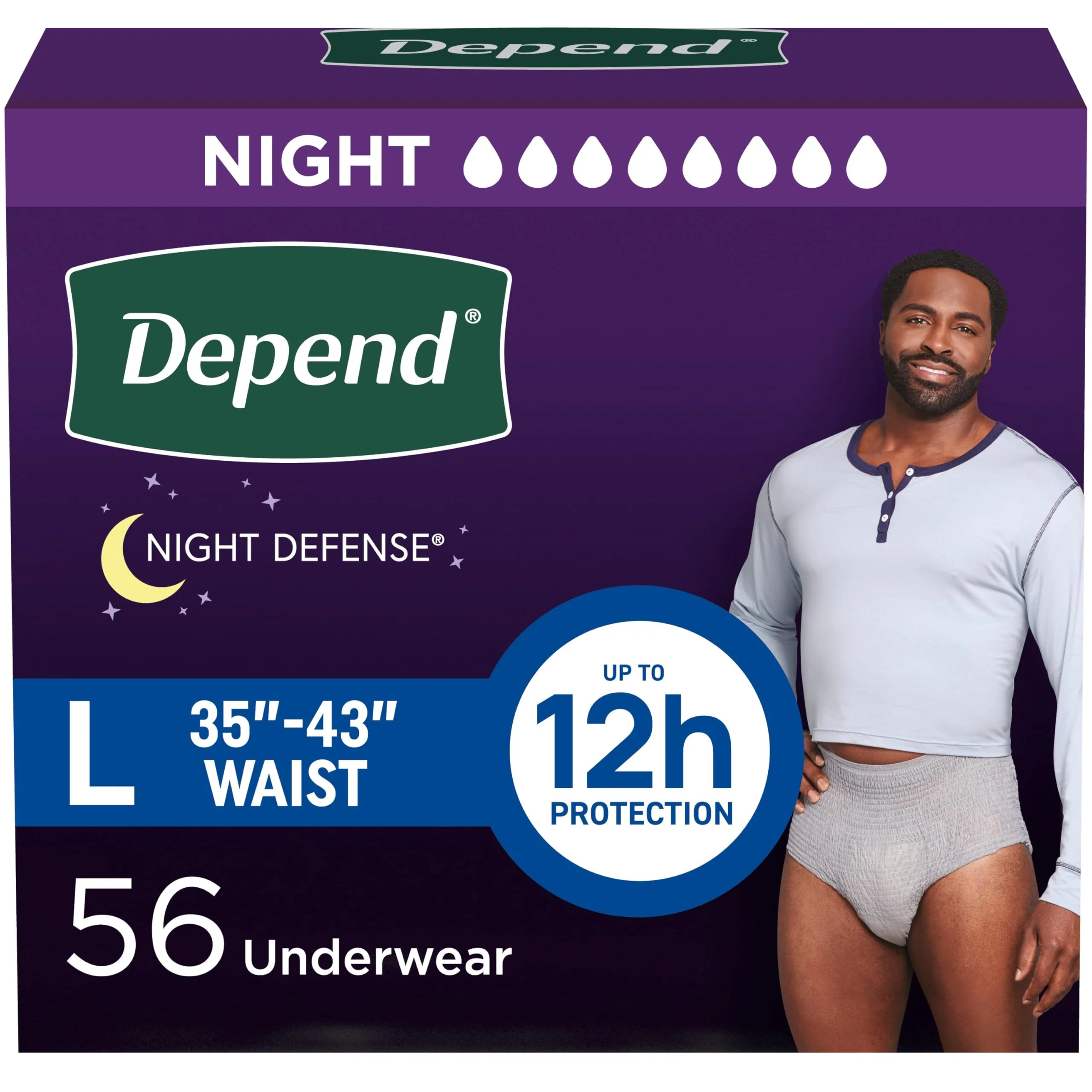 Depend Night Defense Adult Diapers, Incontinence Underwear for Men, Disposable, Overnight, Large, Grey, 56 Count (4 Packs of 14), Packaging May Vary