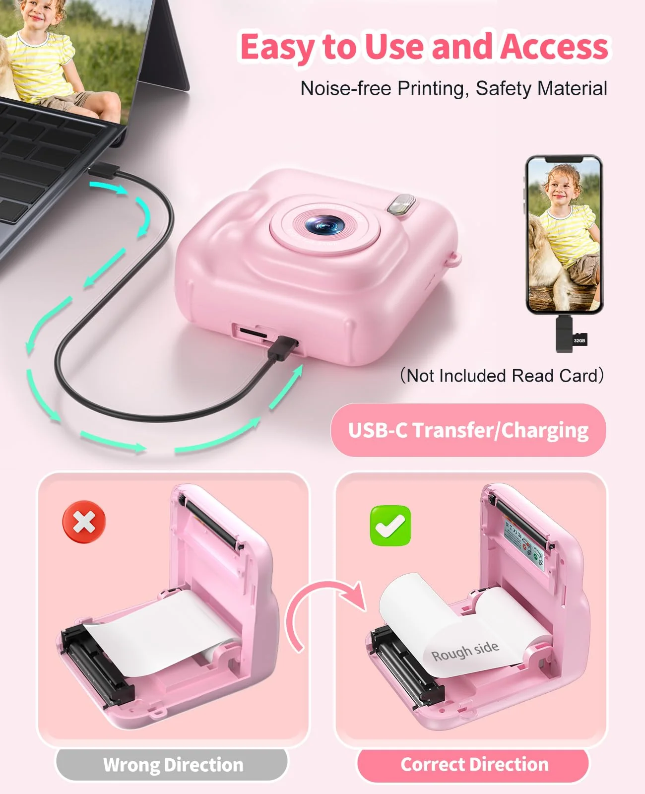 Digital Camera for Kids Instant Print, 48MP Dual-Lens Kids Camera for Girls Boys Christmas Birthday Gifts, 1080P Video Selfie Instant Cameras, Portable Toddler for 4-12 Years with 32GB Card-Pink - Image 2