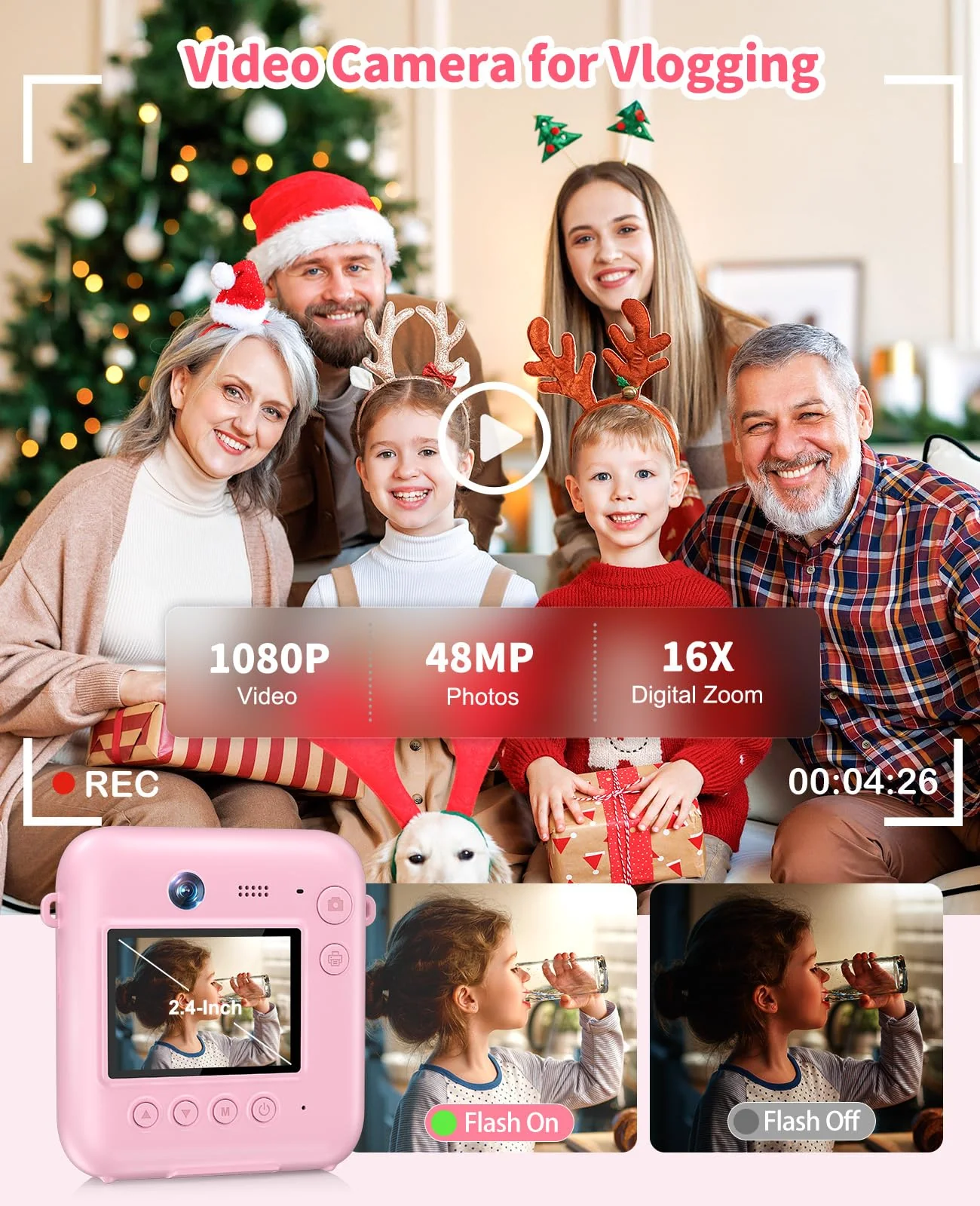 Digital Camera for Kids Instant Print, 48MP Dual-Lens Kids Camera for Girls Boys Christmas Birthday Gifts, 1080P Video Selfie Instant Cameras, Portable Toddler for 4-12 Years with 32GB Card-Pink - Image 4