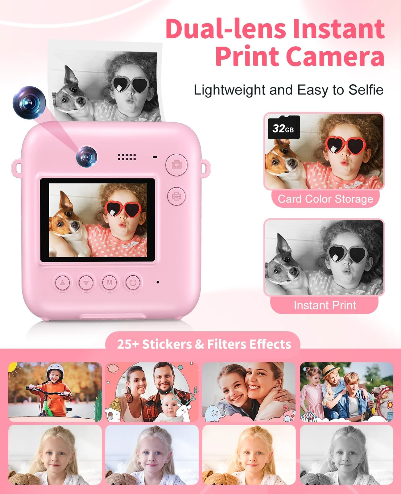 Digital Camera for Kids Instant Print, 48MP Dual-Lens Kids Camera for Girls Boys Christmas Birthday Gifts, 1080P Video Selfie Instant Cameras, Portable Toddler for 4-12 Years with 32GB Card-Pink - Image 6