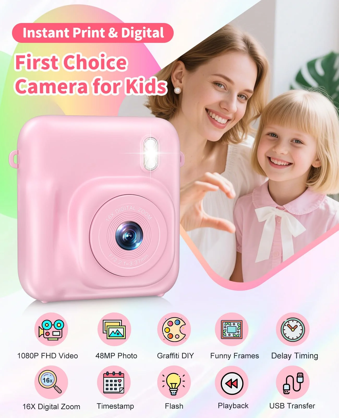 Digital Camera for Kids Instant Print, 48MP Dual-Lens Kids Camera for Girls Boys Christmas Birthday Gifts, 1080P Video Selfie Instant Cameras, Portable Toddler for 4-12 Years with 32GB Card-Pink - Image 7