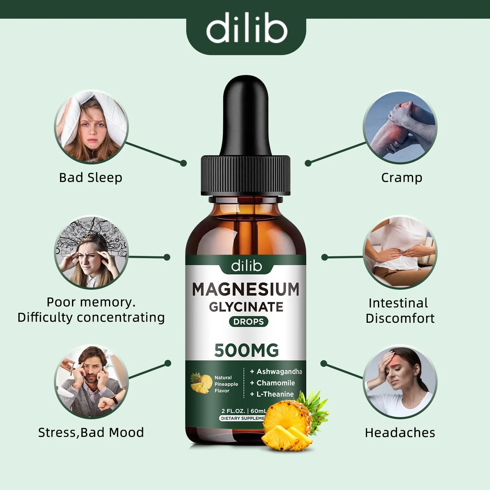 dilib Magnesium Glycinate 500mg - Liquid Magnesium Drops, Ashwagandha, L - Theanine, Chamomile - Calm & Stress Relief, Relaxation, Restful Sleep, Muscle Heart Health, Vegan - 2 Fl Oz (30 Days) - Image 6
