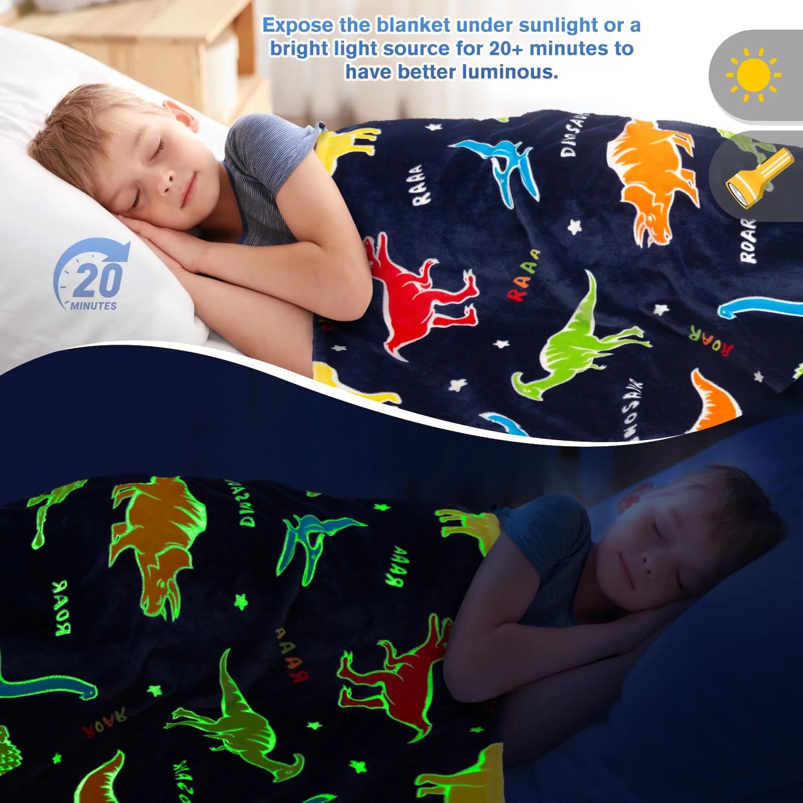 Dinosaur Gifts Toys for Boys Girls - Glow in The Dark Dino Blanket Best Christmas Birthday Valentines Easter Presents for Kids Age 1 2 3 4 5 6 7 8 9 10 Year Old Child Teen Toddler Soft Throw 50"x60" - Image 5