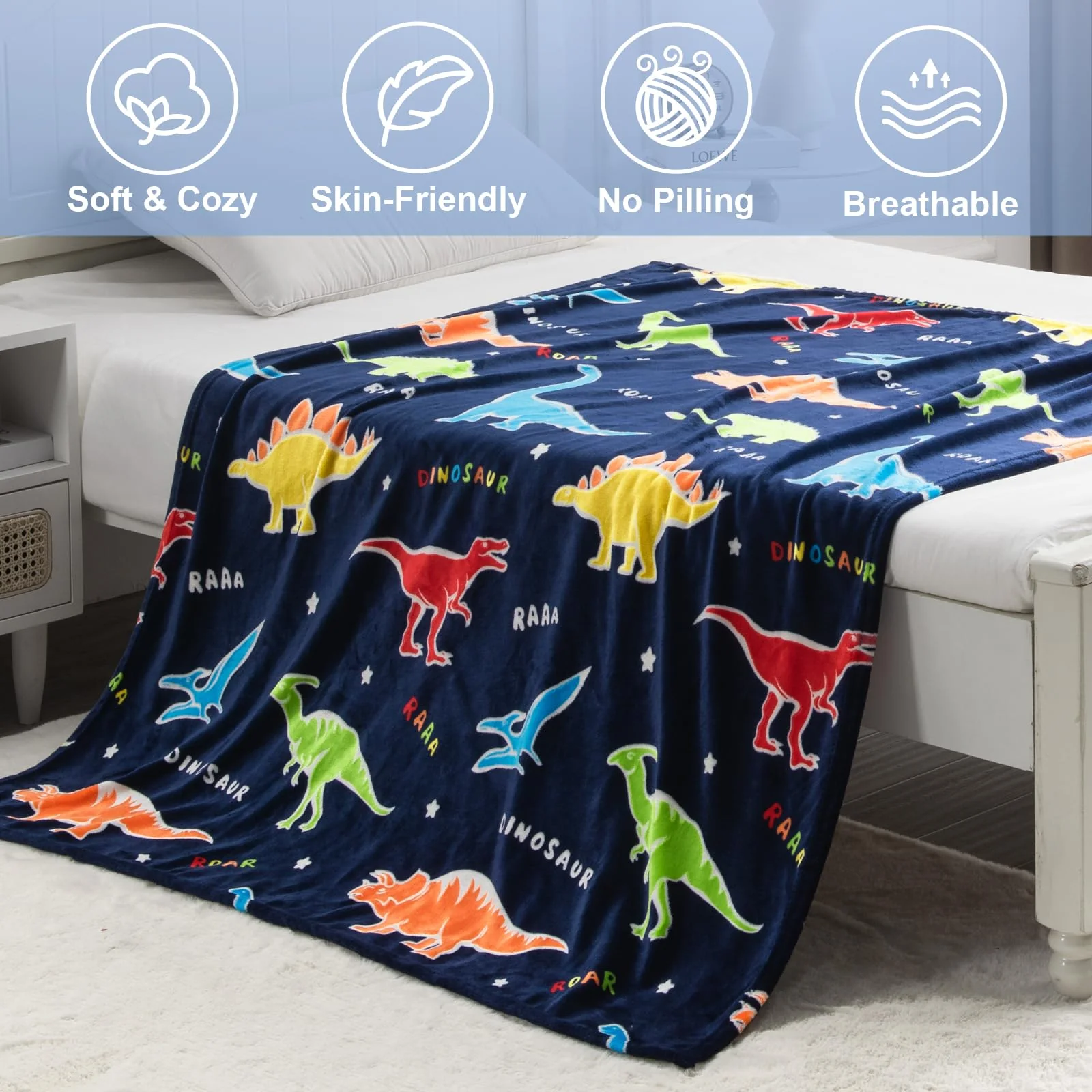 Dinosaur Gifts Toys for Boys Girls - Glow in The Dark Dino Blanket Best Christmas Birthday Valentines Easter Presents for Kids Age 1 2 3 4 5 6 7 8 9 10 Year Old Child Teen Toddler Soft Throw 50"x60" - Image 6