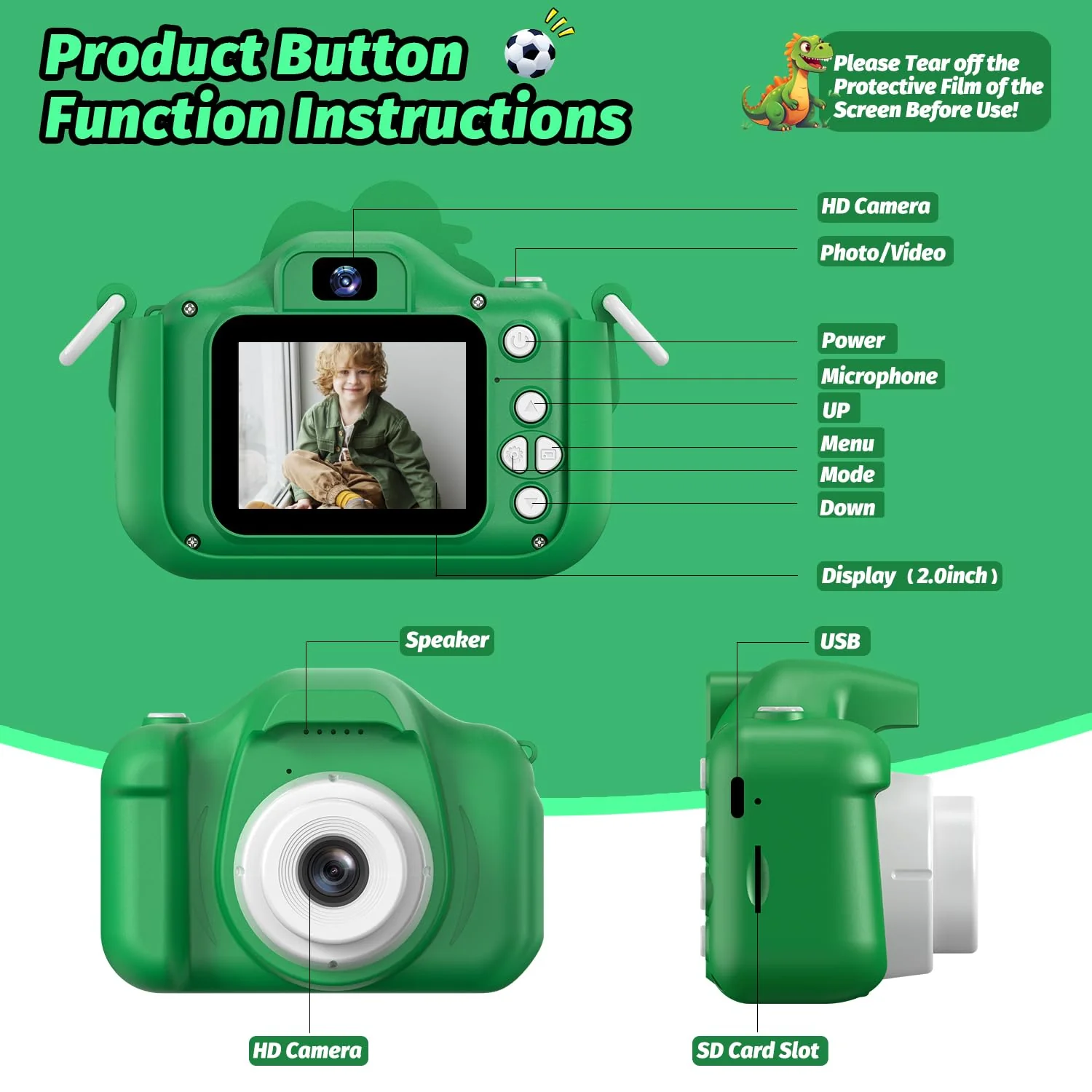Dinosaur Kids Camera for Boys Girls, Toddler Digital Selfie Camera with Cute Protective Cover and 32G SD Card, Christmas Birthday Gifts Toys for 3 4 5 6 7 8 9 10 11 12 Years Old Little Girls and Boys - Image 2
