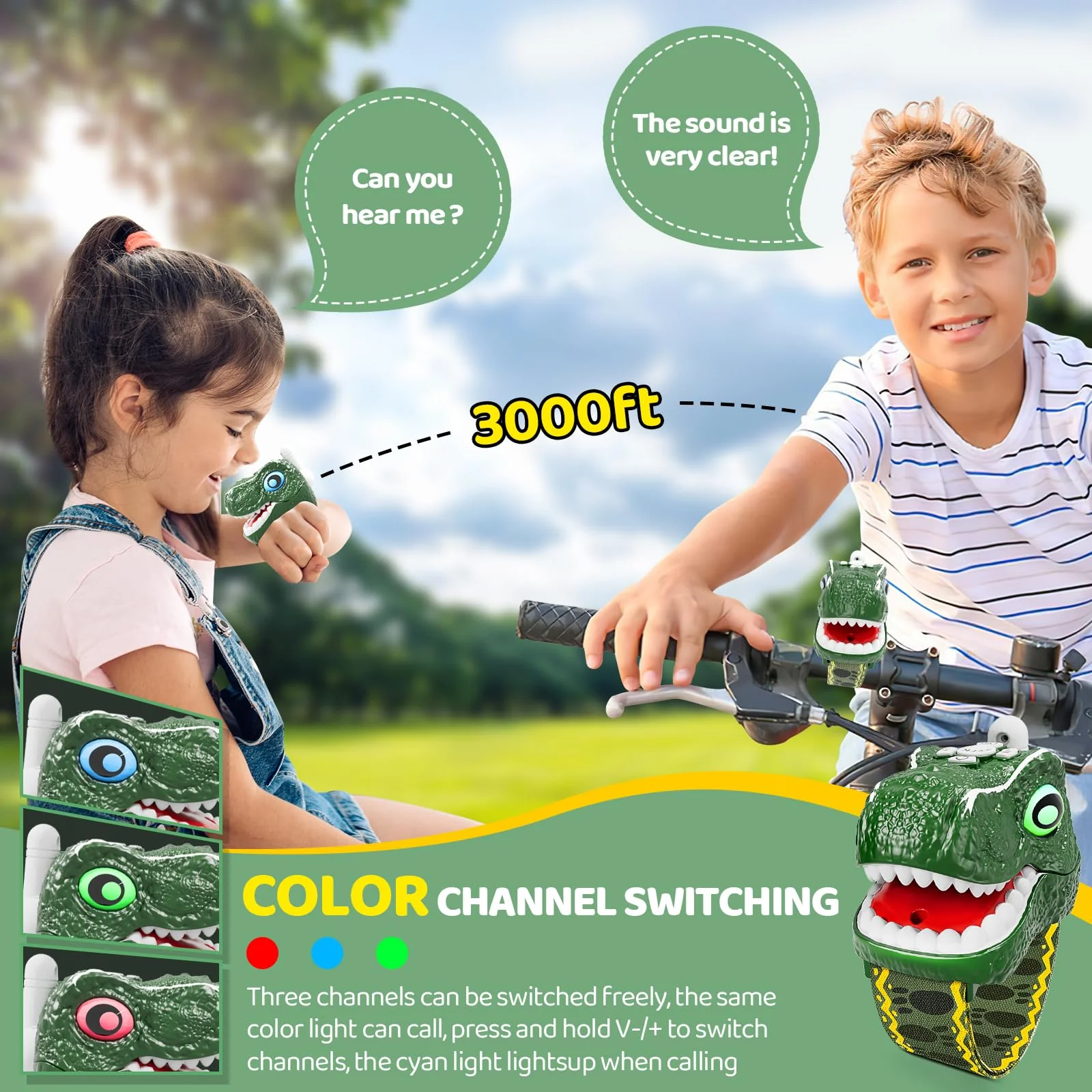 Dinosaur Walkie Talkies for Kids 2 Pack Camping Gear T-Rex Outdoor Toys for Boys Age 3-12 Year Old 3 Channel Long Range Birthday Gifts Easter Christmas Stocking Stuffers - Image 5