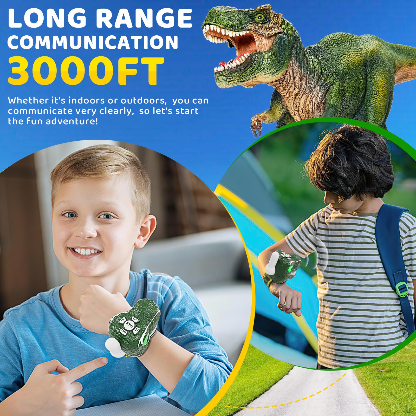 Dinosaur Walkie Talkies for Kids 2 Pack Camping Gear T-Rex Outdoor Toys for Boys Age 3-12 Year Old 3 Channel Long Range Birthday Gifts Easter Christmas Stocking Stuffers - Image 6
