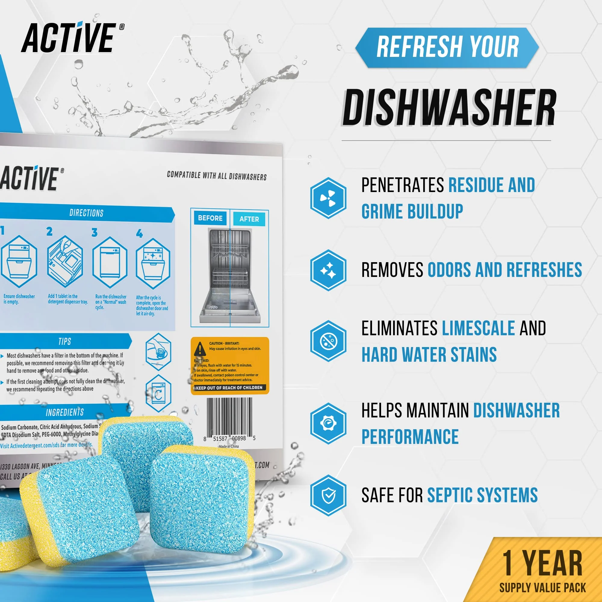 Dishwasher Cleaner And Deodorizer Tablets - 24 Pack Deep Cleaning Descaler Pods for Dish Washer Machine, Heavy Duty, Septic Safe, Natural Limescale Remover, Calcium, Odor, Smell - 12 Month Supply - Image 7