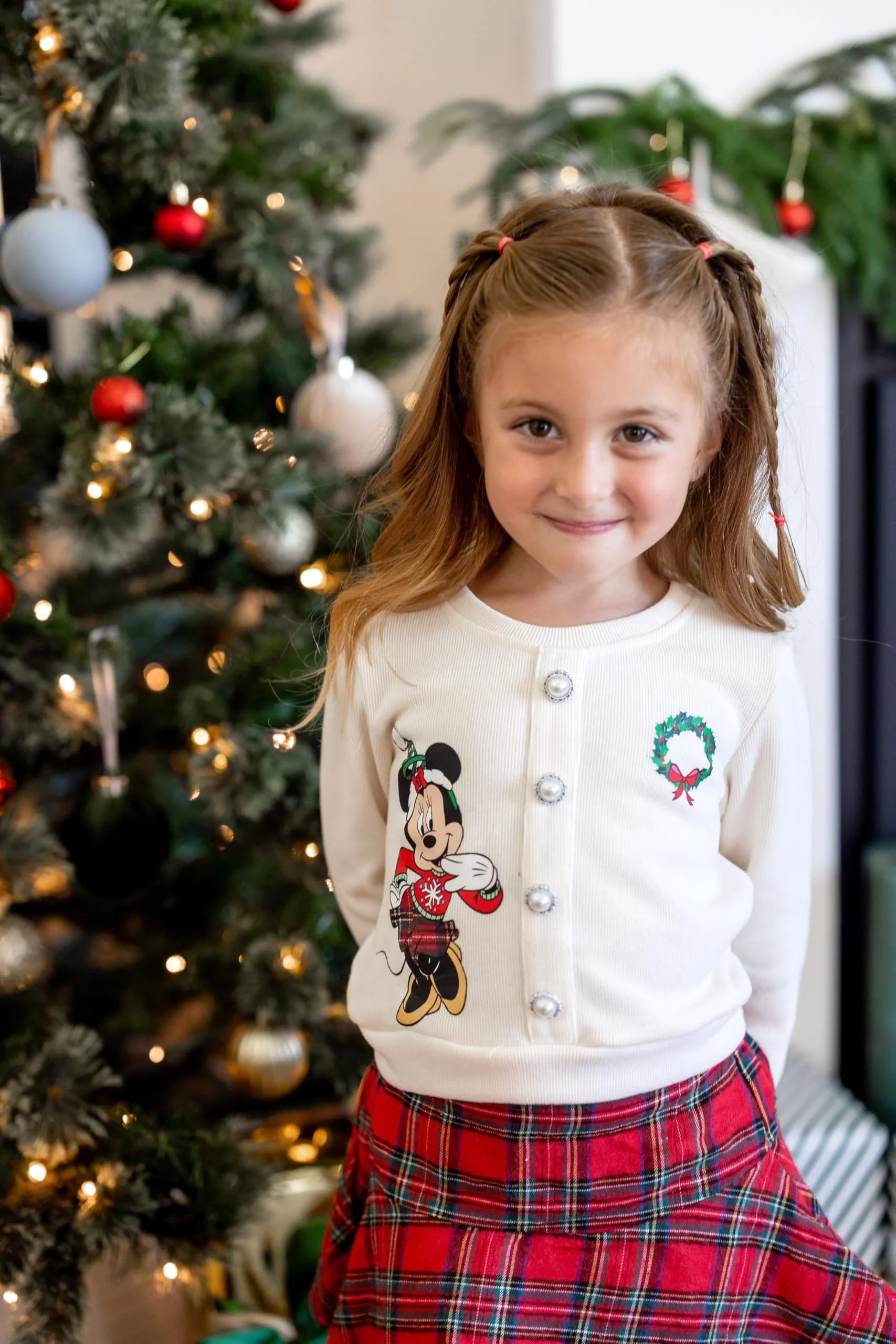 Disney Minnie Mouse Toddler Girl Christmas 2 Piece Outfit Long Sleeve Pearl Button Knit Top & Red Plaid Tweed Skirt Set Birthday Elegant Dress 2T - Image 5