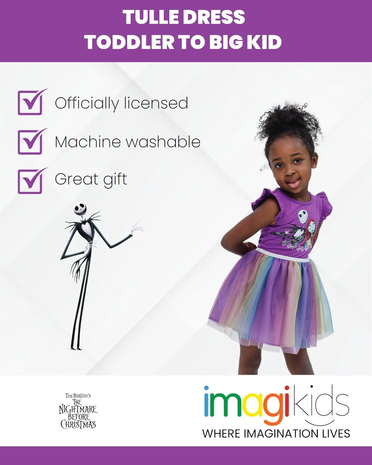 Disney Nightmare Before Christmas Jack Skellington Sally Toddler Girls Tulle Dress Purple/Teal/Gold Ombre 5T - Image 2