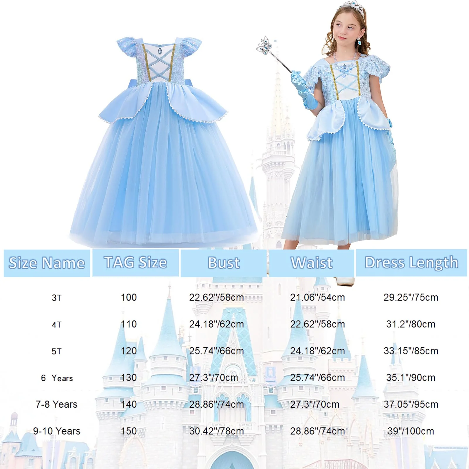DLLYING Cinderella Dresses For Girls Little Kids Toddler Princess Fancy Dress Up Clothes + Accessories Halloween Christmas Carnival Birthday Party Role Play Cosplay Costume Blue 3-4 Years - Image 2