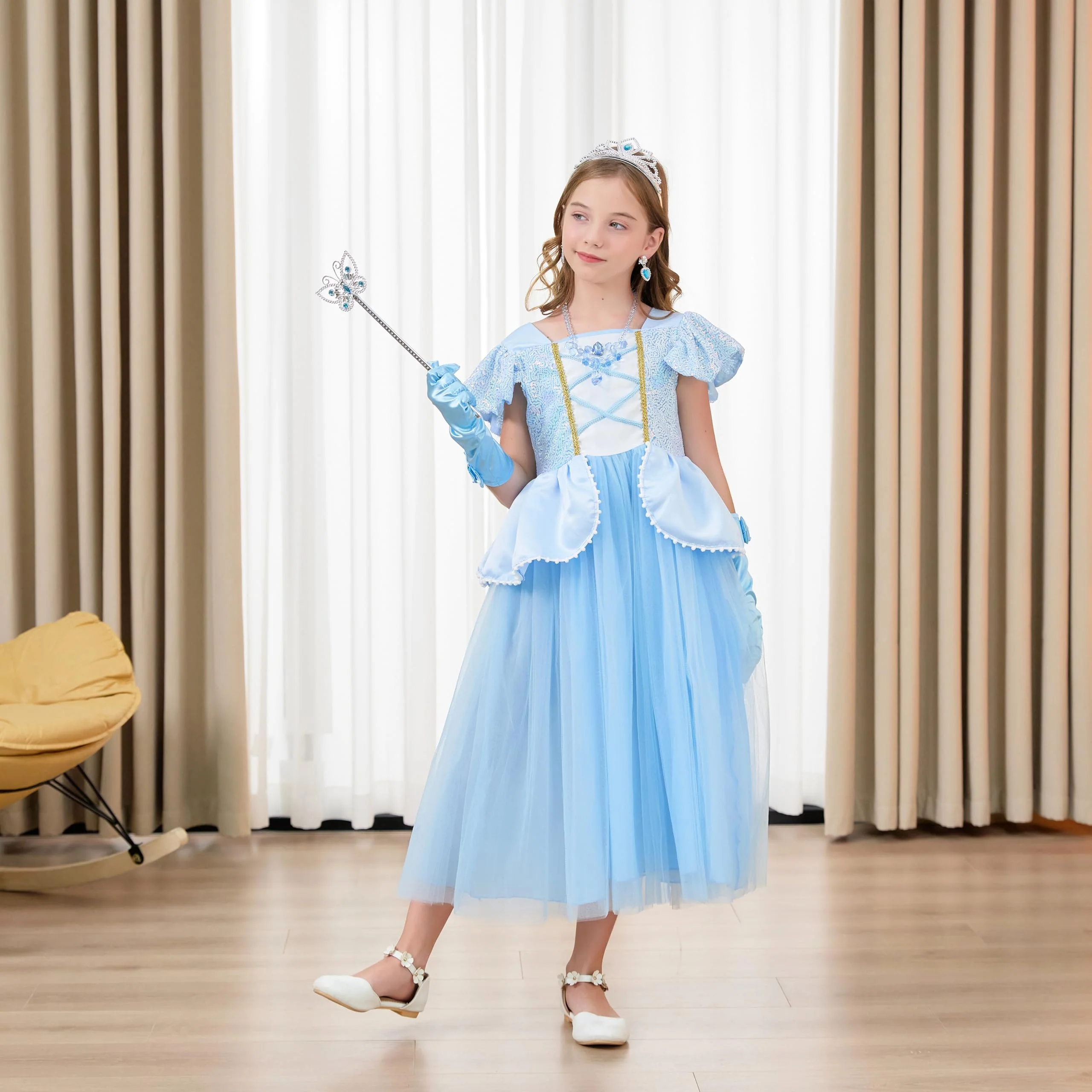 DLLYING Cinderella Dresses For Girls Little Kids Toddler Princess Fancy Dress Up Clothes + Accessories Halloween Christmas Carnival Birthday Party Role Play Cosplay Costume Blue 3-4 Years - Image 4