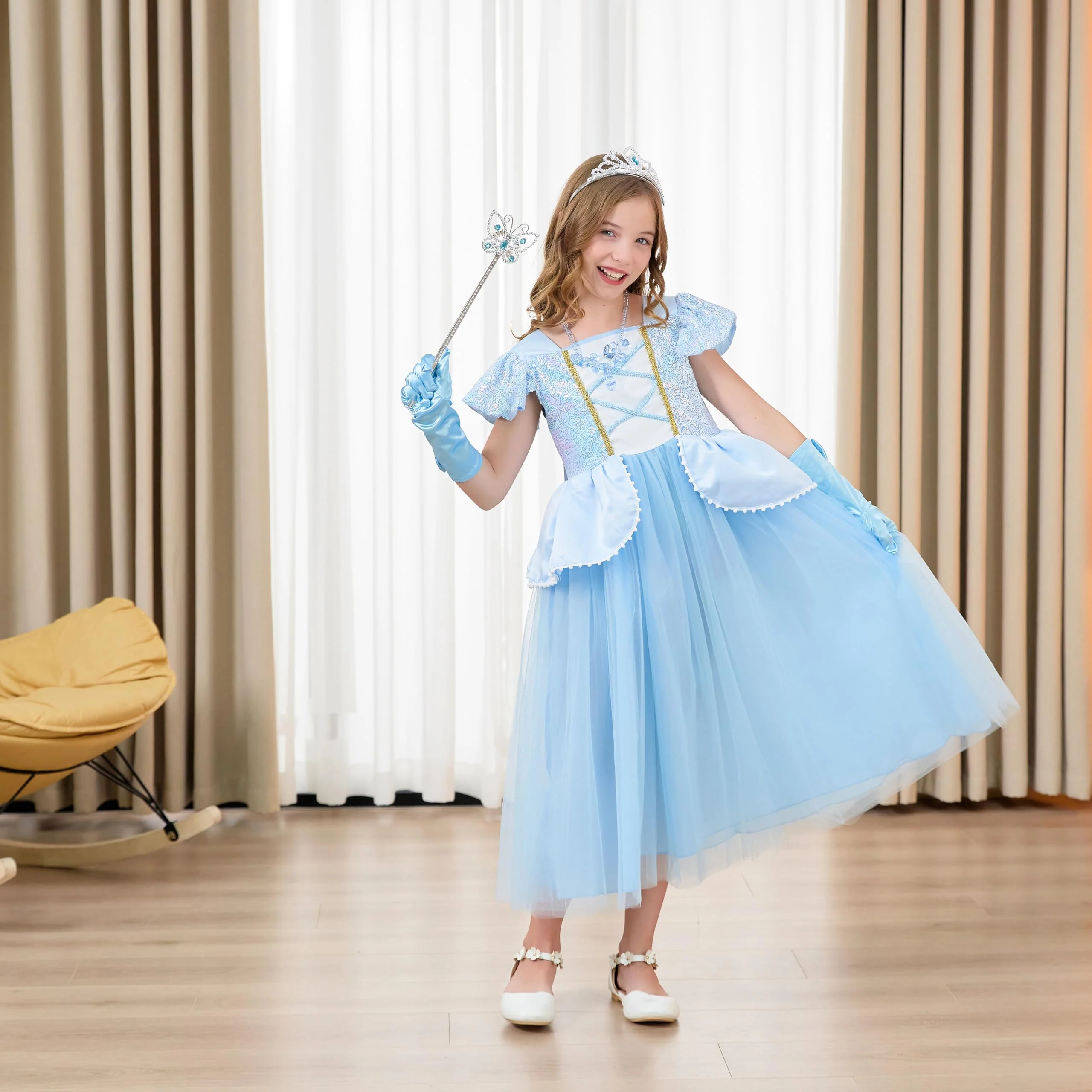 DLLYING Cinderella Dresses For Girls Little Kids Toddler Princess Fancy Dress Up Clothes + Accessories Halloween Christmas Carnival Birthday Party Role Play Cosplay Costume Blue 3-4 Years - Image 5