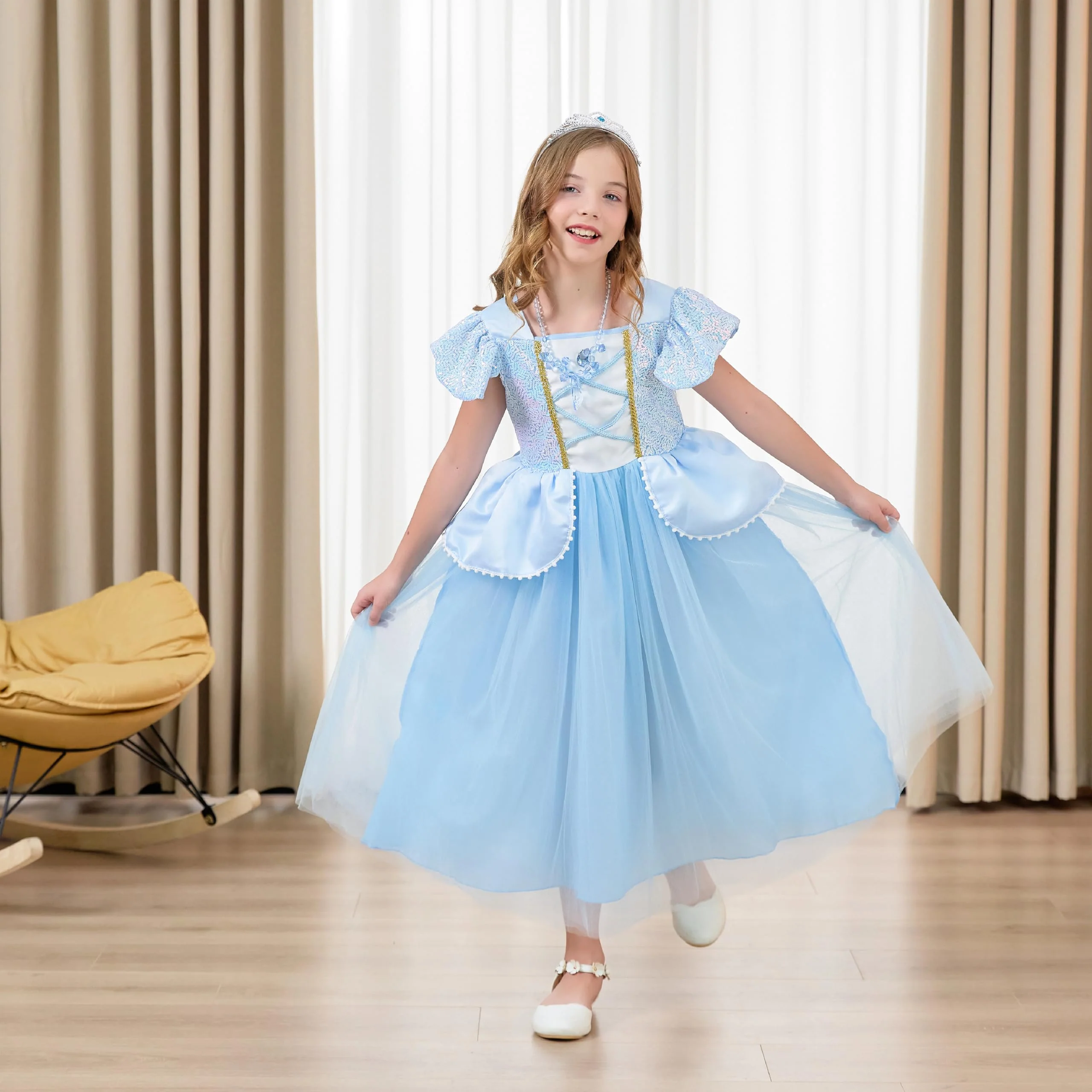 DLLYING Cinderella Dresses For Girls Little Kids Toddler Princess Fancy Dress Up Clothes + Accessories Halloween Christmas Carnival Birthday Party Role Play Cosplay Costume Blue 3-4 Years - Image 6