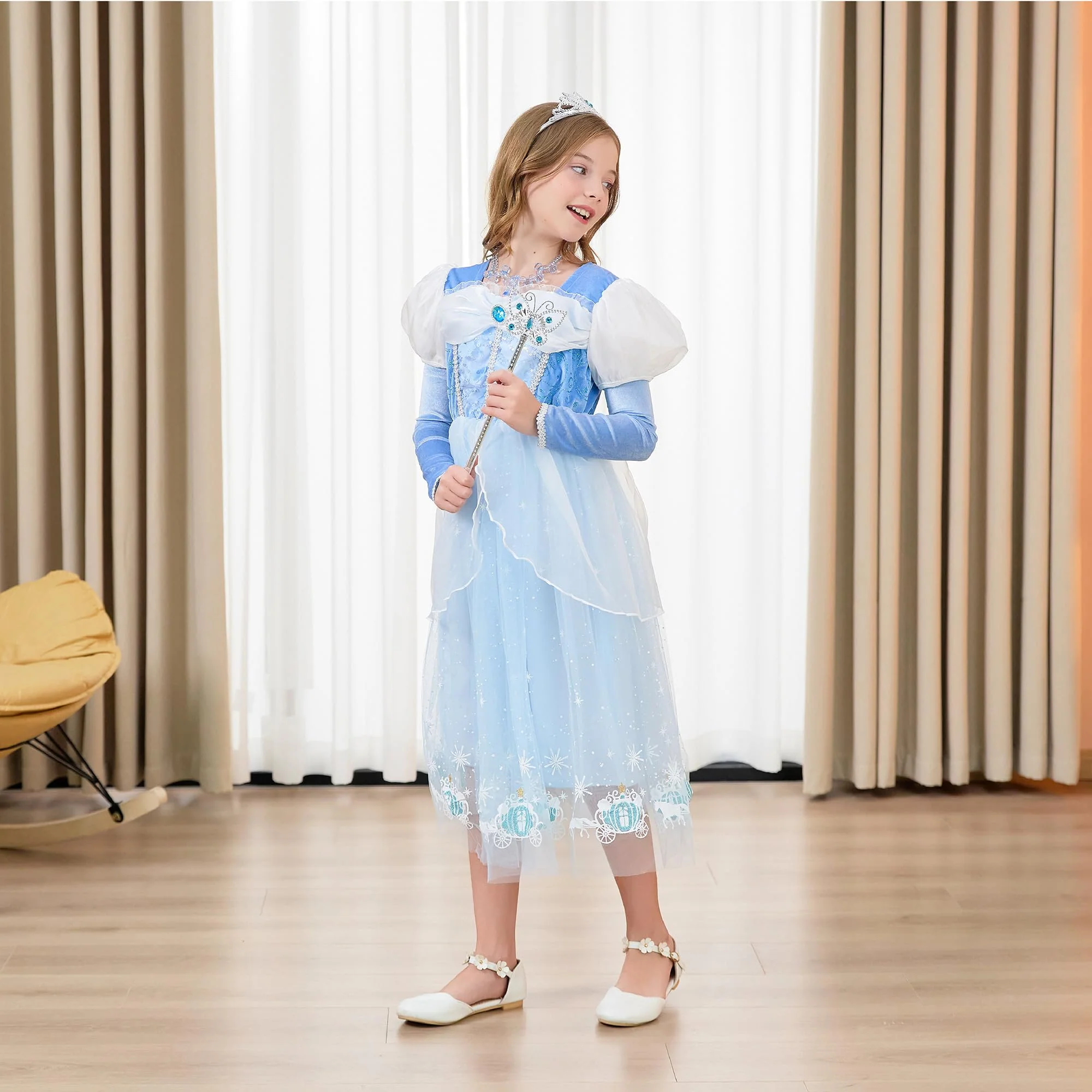 DLLYING Cinderella Dresses for Girls Little Kids Toddler Princess Fancy Dress Up Clothes + Accessories Halloween Christmas Carnival Role Play Birthday Party Cosplay Costume Blue 3 Years - Image 3