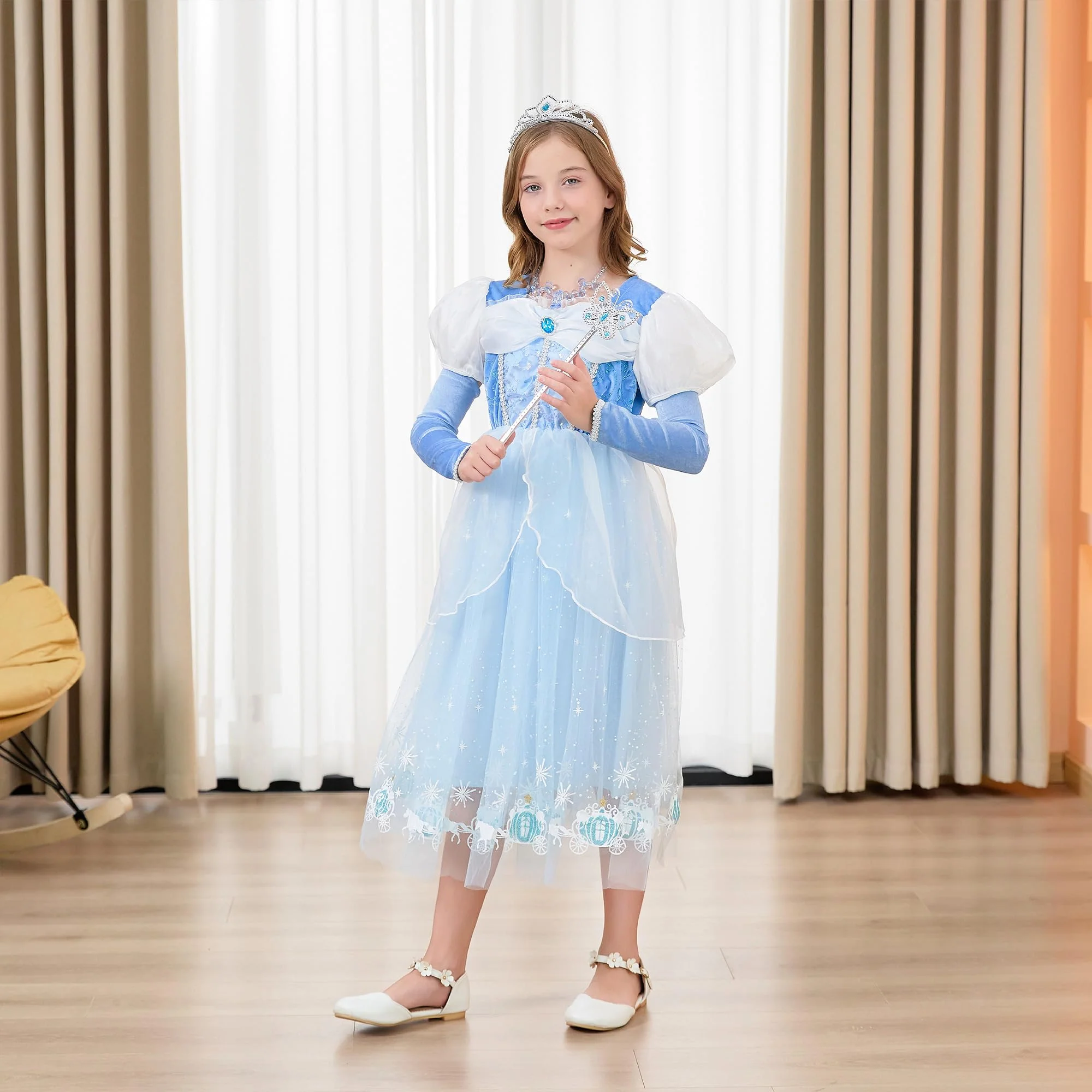 DLLYING Cinderella Dresses for Girls Little Kids Toddler Princess Fancy Dress Up Clothes + Accessories Halloween Christmas Carnival Role Play Birthday Party Cosplay Costume Blue 3 Years - Image 4