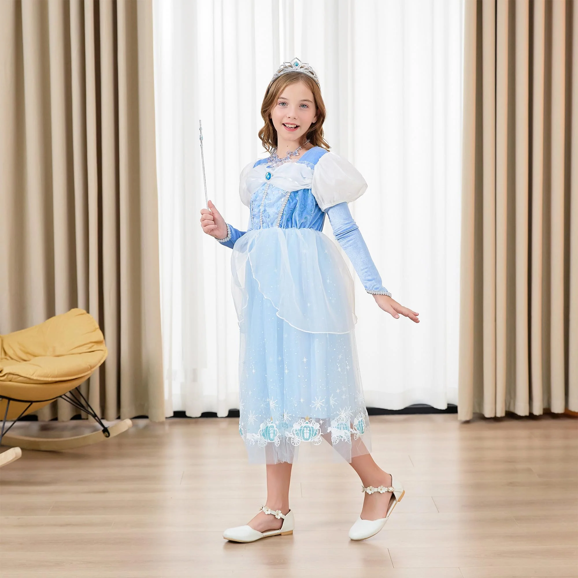 DLLYING Cinderella Dresses for Girls Little Kids Toddler Princess Fancy Dress Up Clothes + Accessories Halloween Christmas Carnival Role Play Birthday Party Cosplay Costume Blue 3 Years - Image 5