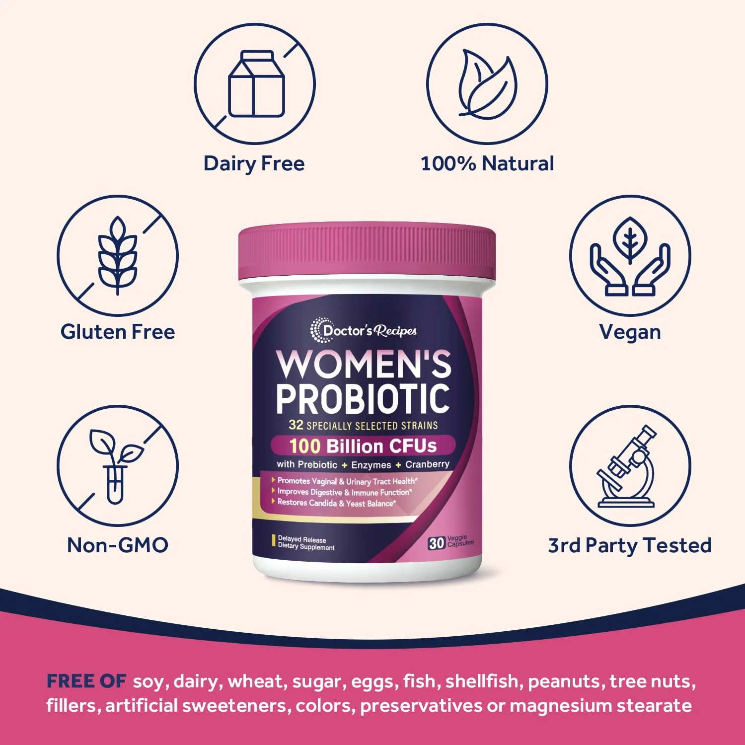 Doctor's Recipes Probiotics for Women, 100 Billion CFU 32 Strains, with Prebiotic Fiber, Enzymes & Cranberry, Vaginal Urinary Digestive & Immune, No Yeast, Shelf Stable, Delayed Release, 30 Caps - Image 6
