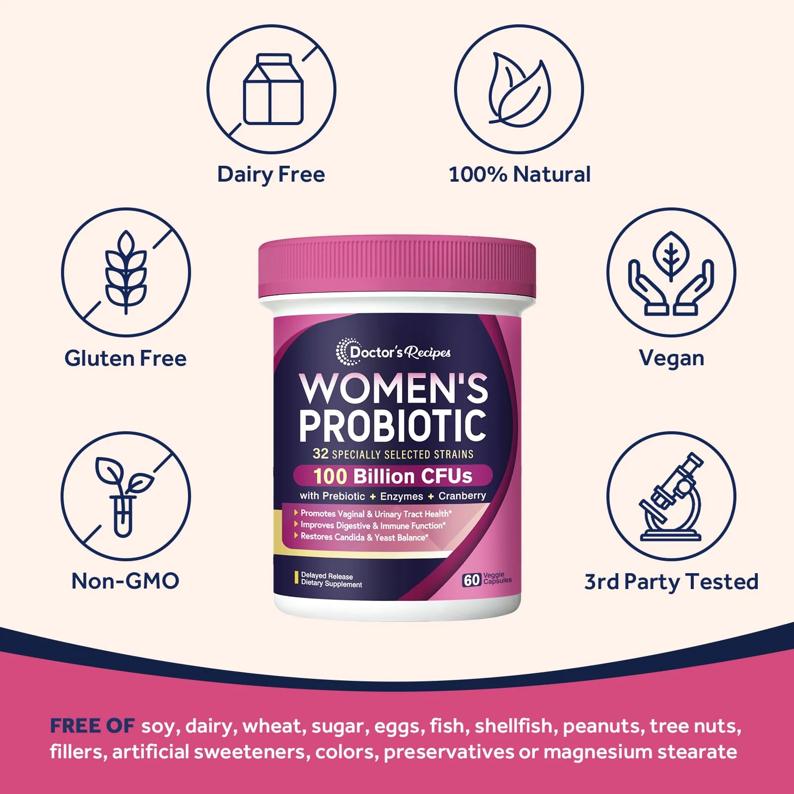 Doctor's Recipes Probiotics for Women, 100 Billion CFU 32 Strains, with Prebiotic Fiber, Enzymes & Cranberry, Vaginal Urinary Digestive & Immune, No Yeast, Shelf Stable, Delayed Release, 60 Caps - Image 6