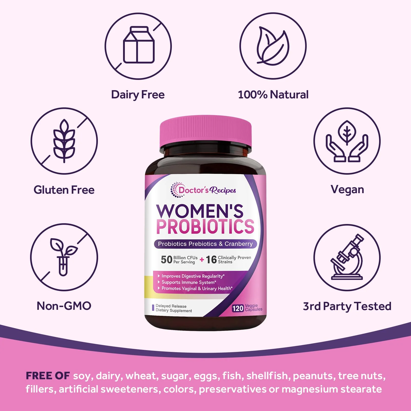 Doctor's Recipes Women’s Probiotic, 120 Caps 50 Billion CFU 16 Strains, with Organic Cranberry, Digestive Immune Vaginal & Urinary Health, Shelf Stable, Delayed Release, No Soy Gluten Dairy - Image 6