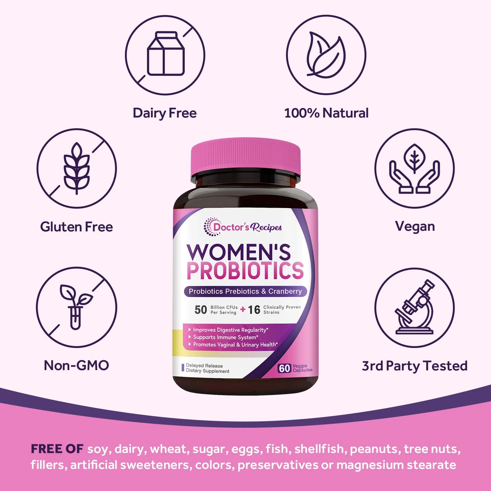 Doctor's Recipes Women's Probiotics, 50 Billion CFU 16 Strains, with Organic Prebiotics Cranberry, Shelf Stable, Delayed Release, 120 Capsules (Pack of 2), 60 Day Supply - Image 6