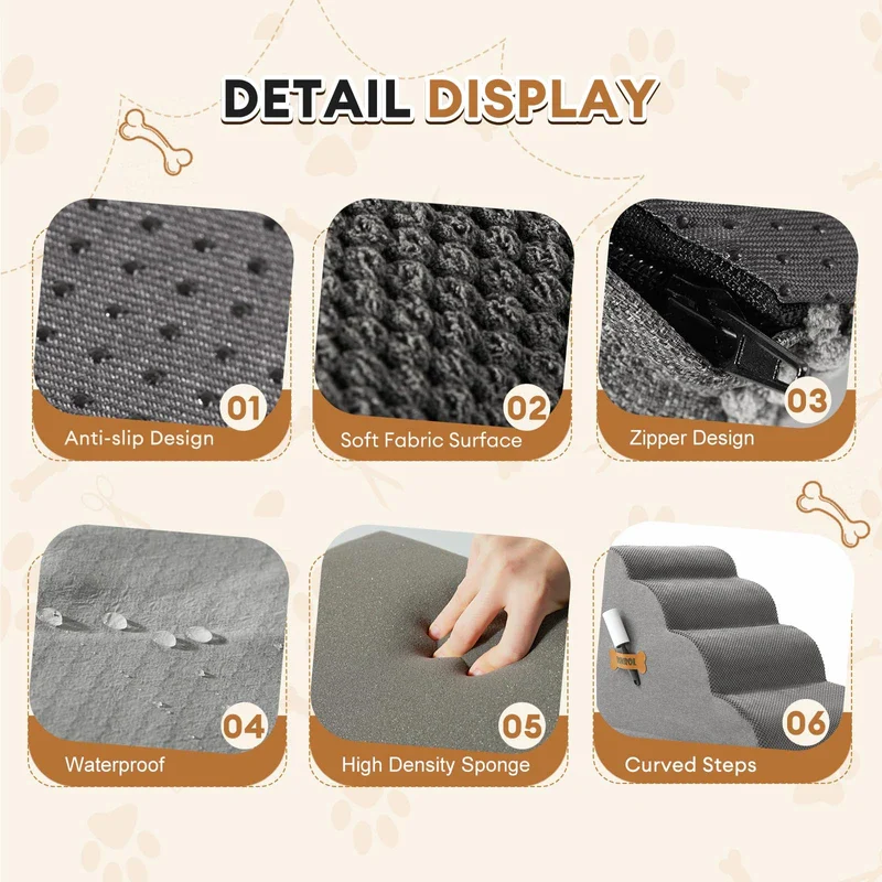 Dog Stairs, Romrol Dog Steps Ramp for High Bed and Couch, Dog Ramp with Durable Non-Slip Waterproof Fabric Cover, Pet Stairs for Small Dogs and Cats or Pets Joints, 4-Tiers,Grey - Image 3