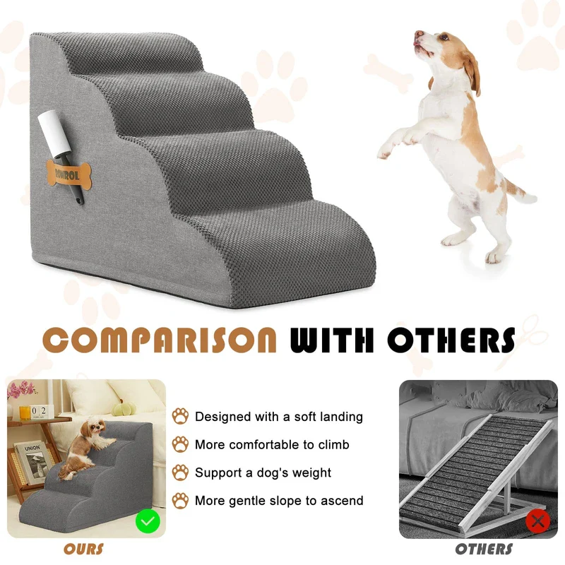 Dog Stairs, Romrol Dog Steps Ramp for High Bed and Couch, Dog Ramp with Durable Non-Slip Waterproof Fabric Cover, Pet Stairs for Small Dogs and Cats or Pets Joints, 4-Tiers,Grey - Image 4