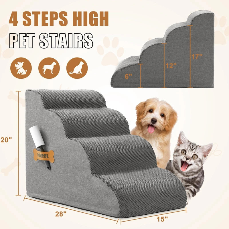 Dog Stairs, Romrol Dog Steps Ramp for High Bed and Couch, Dog Ramp with Durable Non-Slip Waterproof Fabric Cover, Pet Stairs for Small Dogs and Cats or Pets Joints, 4-Tiers,Grey - Image 5