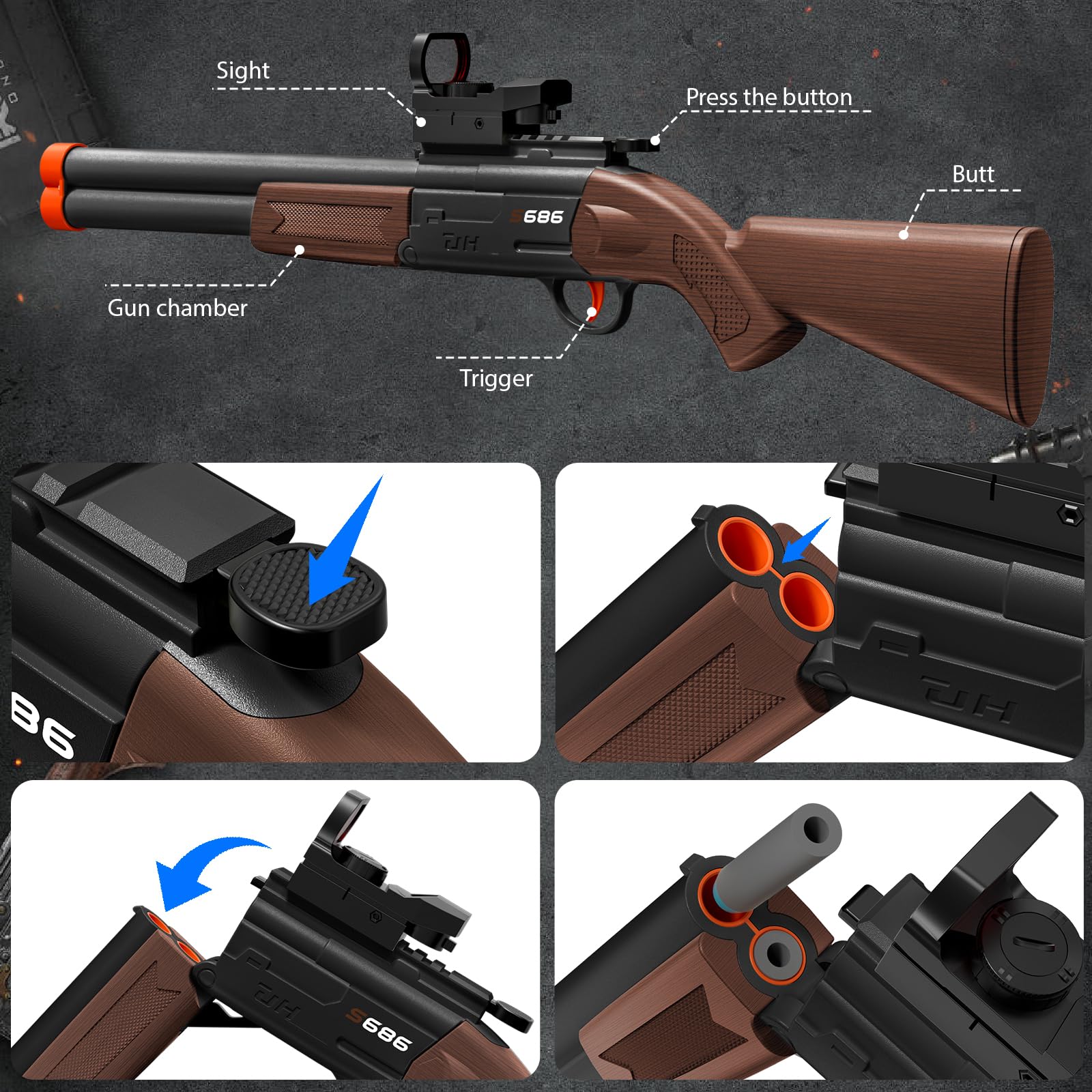 Double Barrel Toy Shotgun - Realistic Foam Blaster with Scope & Soft Bullet Darts, Safe Imitation Shooting Game for Kids Ages 8-12 -Birthday Christmas (Black) - Image 4