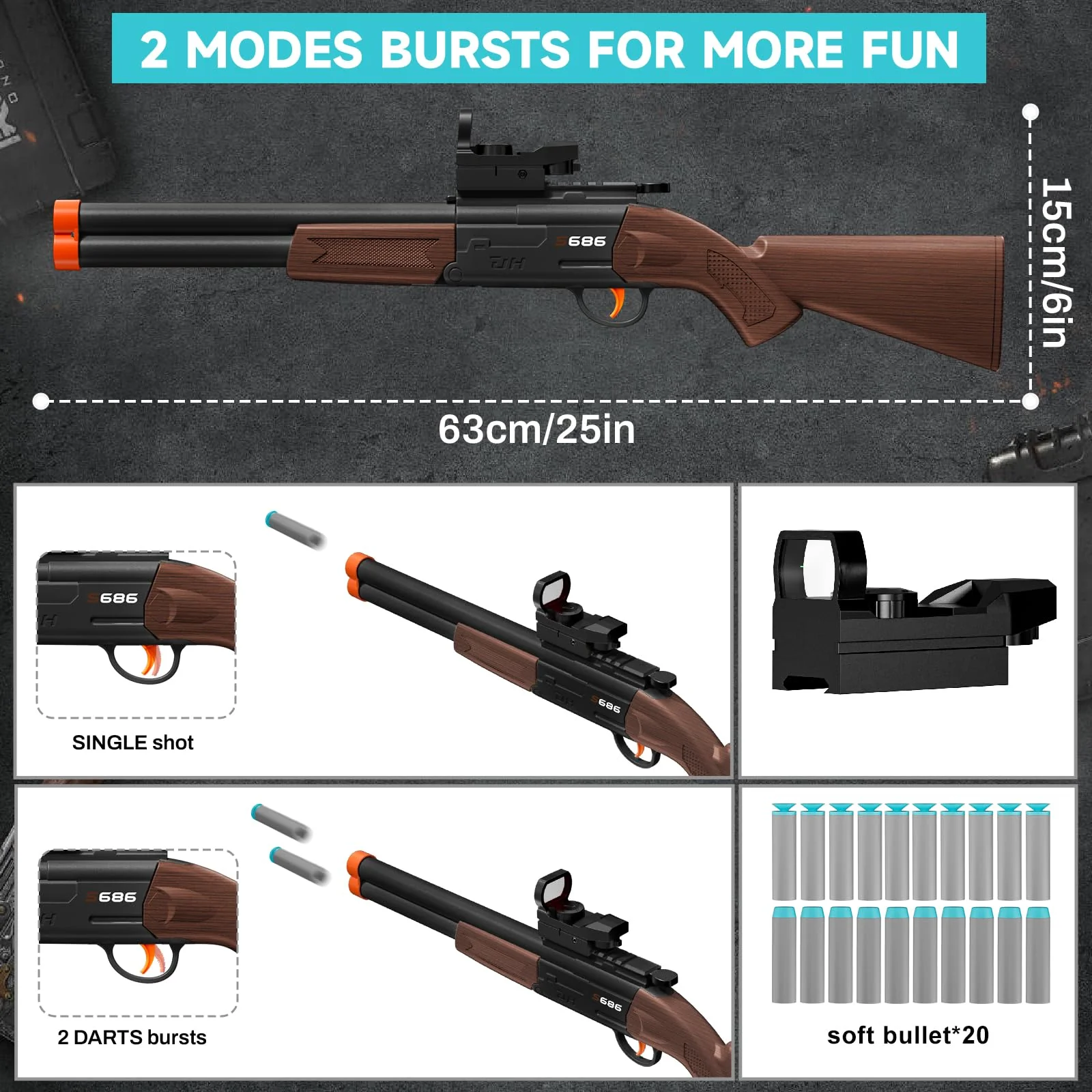 Double Barrel Toy Shotgun - Realistic Foam Blaster with Scope & Soft Bullet Darts, Safe Imitation Shooting Game for Kids Ages 8-12 -Birthday Christmas (Black) - Image 5