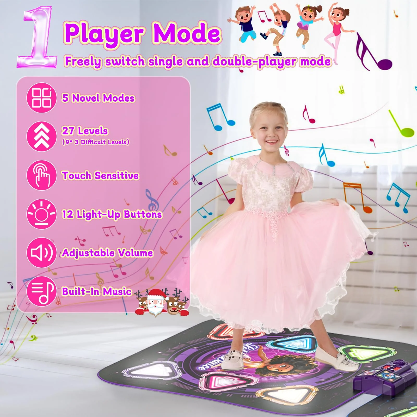 Double Dance Mat for Kids, Light-up 12-Button Single & Double Players Mode Electronic Dance Pad with Wireless Bluetooth 5 Game Modes Christmas Birthday Gift for Girls Boys Ages 3 4 5 6 7 8 8-12 - Image 5
