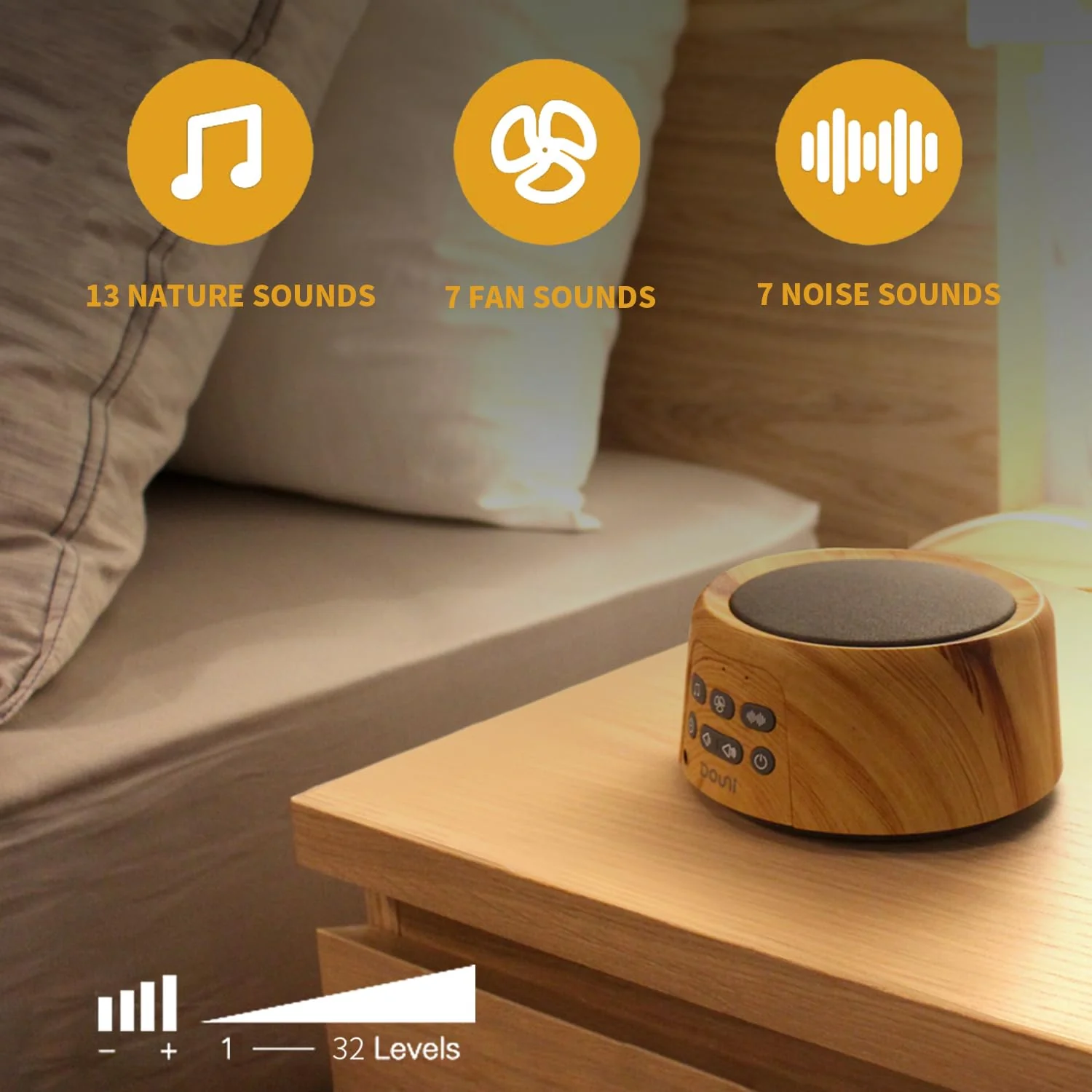 DOUNI White Noise Machine with 27 Soothing Sounds Timer, Adjustable Volume, Memory Function for Sleeping, Relaxation,Sound Machine for Kid,Adult,Nursery,Home,Office,Travel.Wood Grain - Image 7