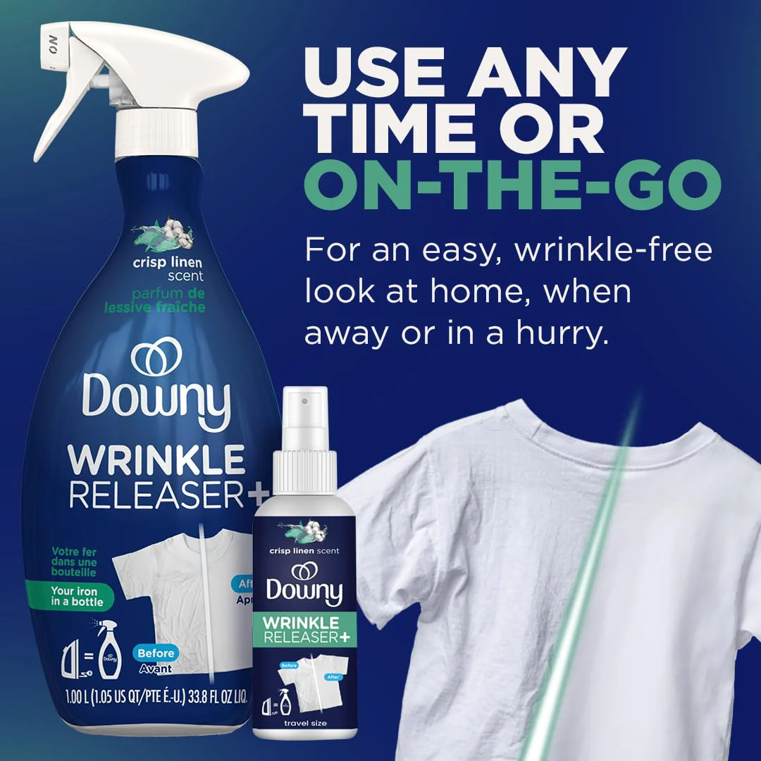 Downy Wrinkle Releaser Spray, All In One Formula, Removes Wrinkles, Static and Odor Eliminator, Crisp Linen Scent, 33.8 Fl Oz, Pack of 2 (Packaging May Vary) - Image 3