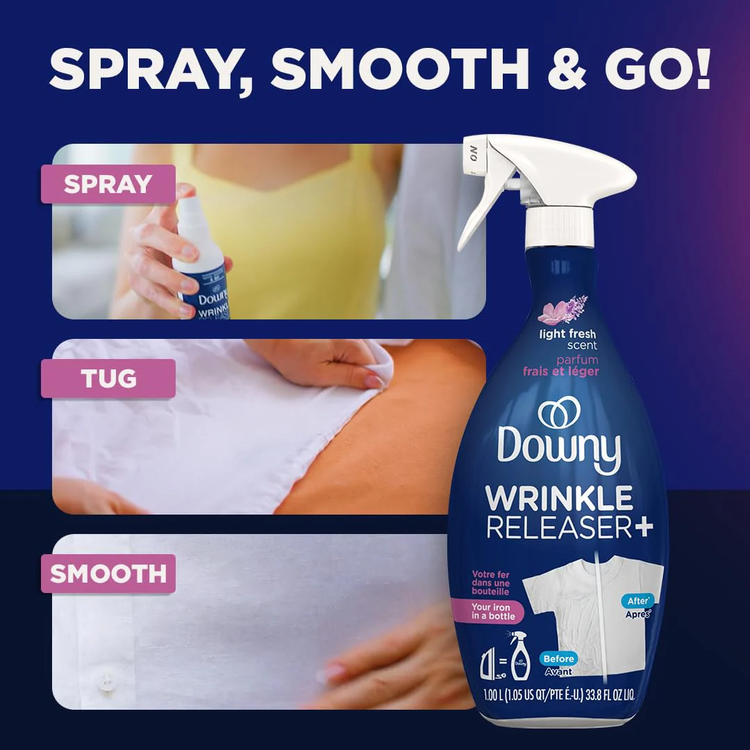 Downy Wrinkle Releaser Spray, Travel Size Spray + 16.9 Fl Oz Pack of 2, All In One Formula, Removes Wrinkles, Static and Odors, Light Fresh Scent - Image 5
