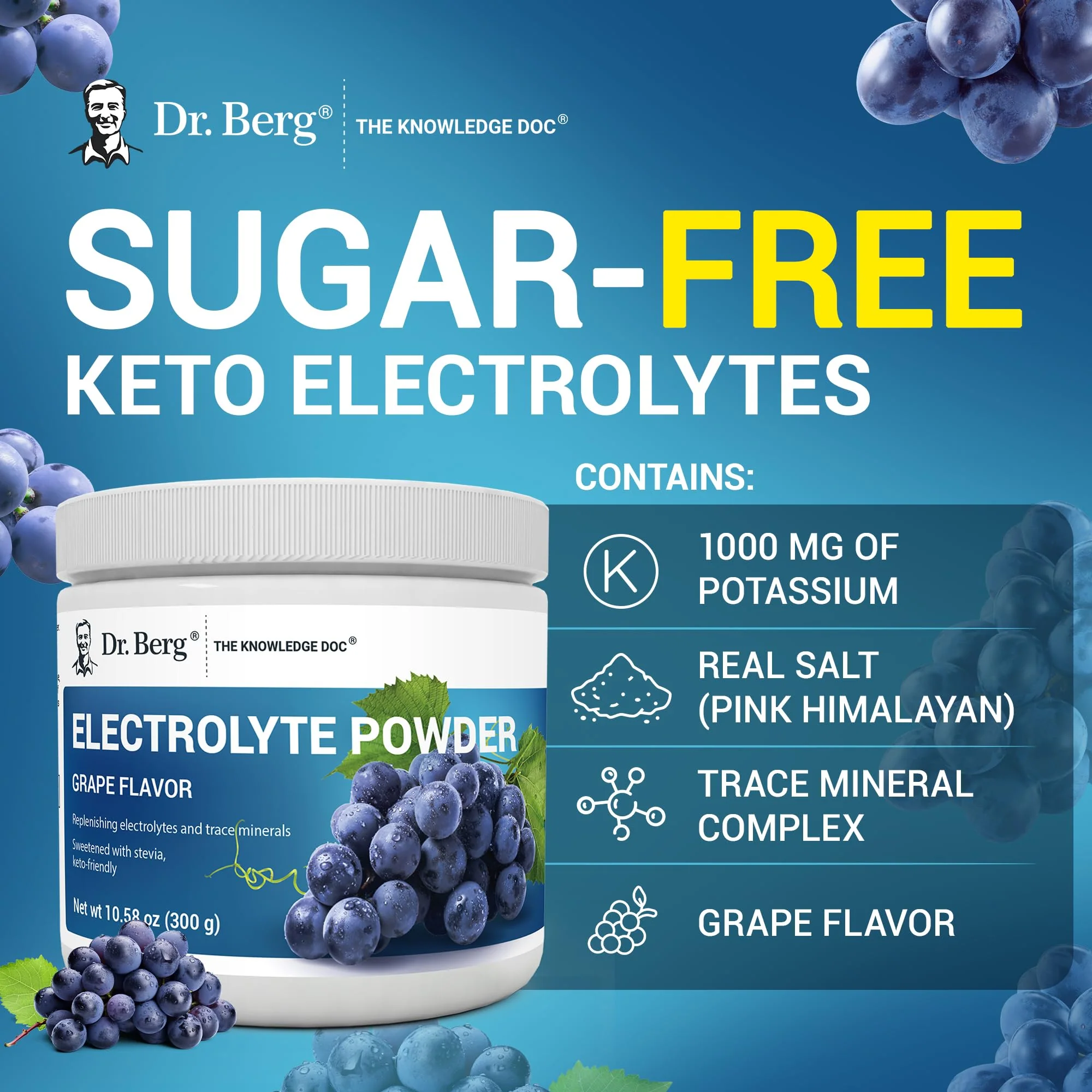 Dr. Berg Zero Sugar Hydration Keto Electrolyte Powder - Enhanced w/ 1000 mg of Potassium & Real Pink Himalayan Salt (NOT Table Salt) - Grape Flavor Hydration Drink Mix Supplement - 50 Servings - Image 2