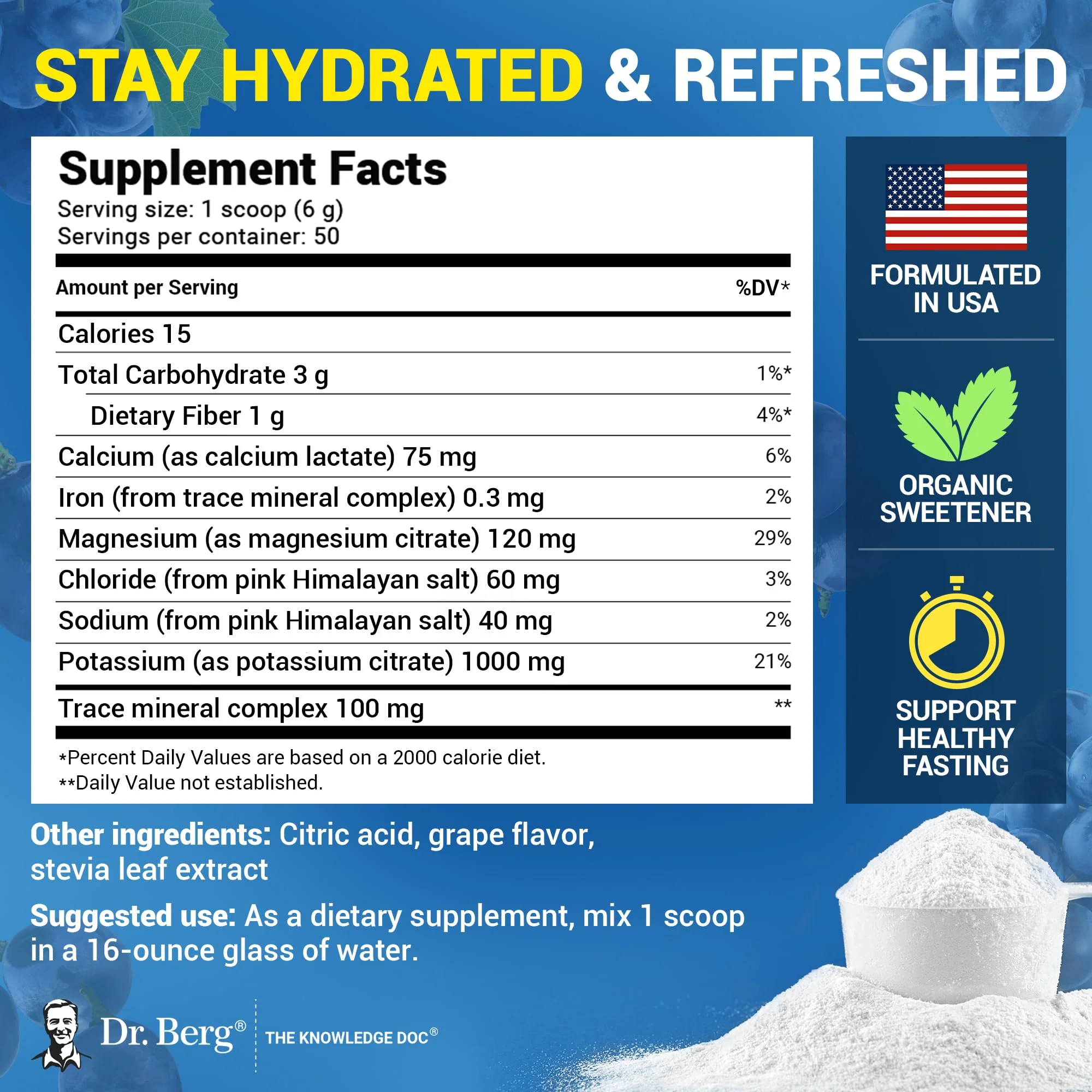 Dr. Berg Zero Sugar Hydration Keto Electrolyte Powder - Enhanced w/ 1000 mg of Potassium & Real Pink Himalayan Salt (NOT Table Salt) - Grape Flavor Hydration Drink Mix Supplement - 50 Servings - Image 6