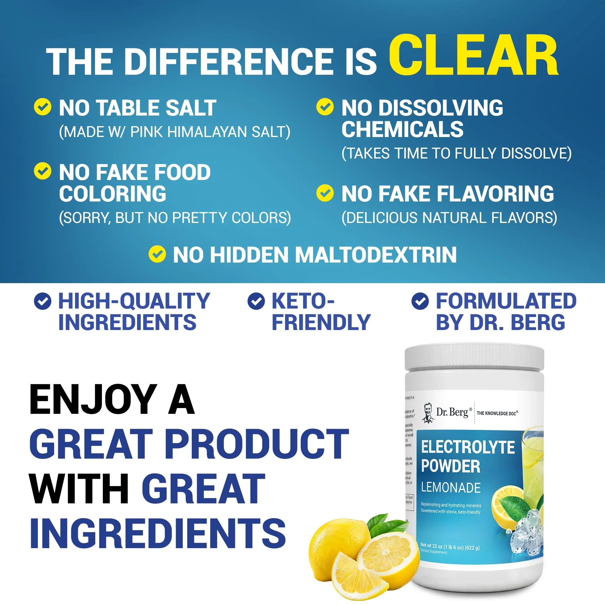 Dr. Berg Zero Sugar Hydration Keto Electrolyte Powder - Enhanced w/ 1000 mg of Potassium & Real Pink Himalayan Salt (NOT Table Salt) - Lemonade Flavor Hydration Drink Mix Supplement - 100 Servings - Image 4