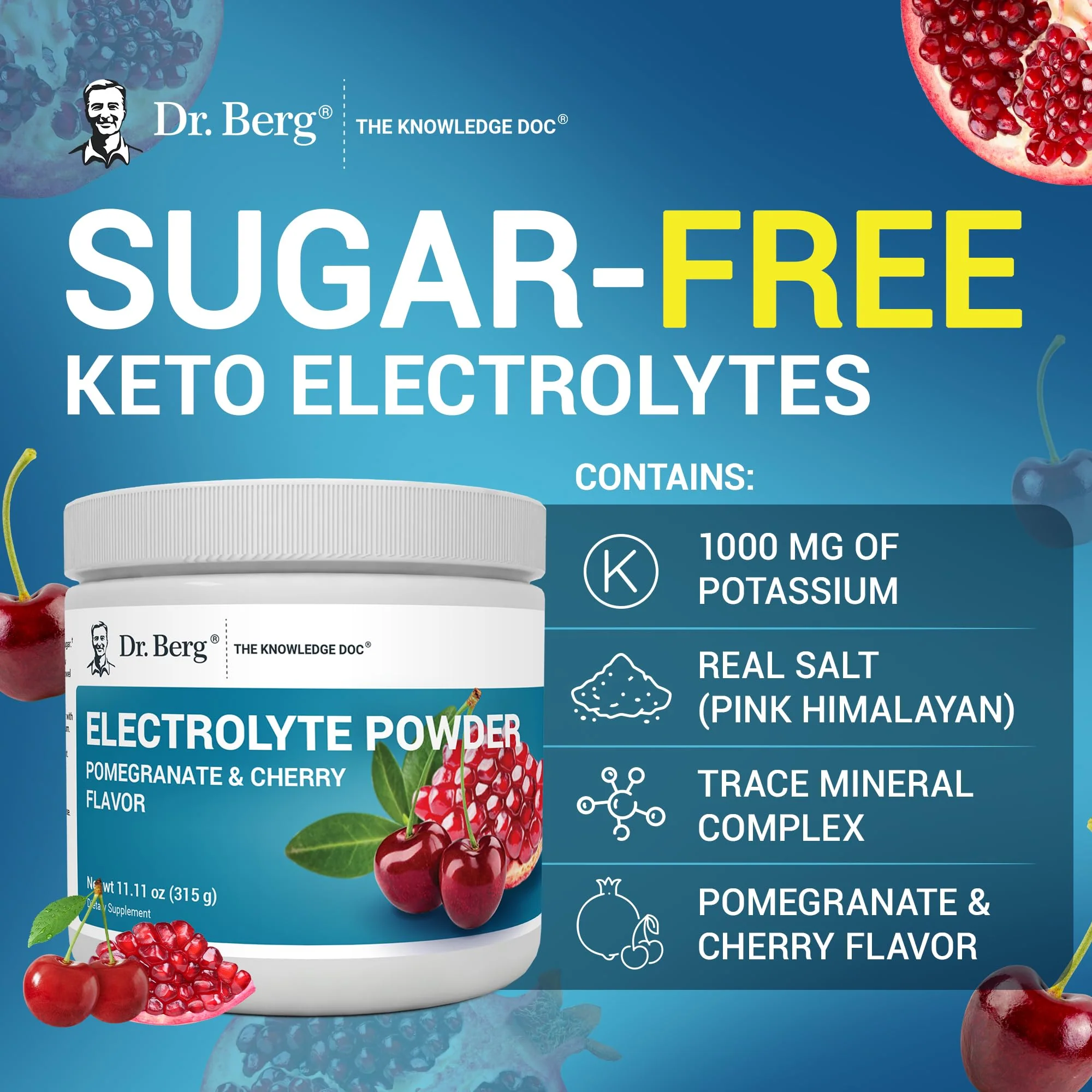 Dr. Berg Zero Sugar Hydration Keto Electrolyte Powder - Enhanced w/ 1000 mg of Potassium & Real Pink Himalayan Salt (NOT Table Salt) - Pomegranate and Cherry Hydration Drink Supplement - 50 Servings - Image 2