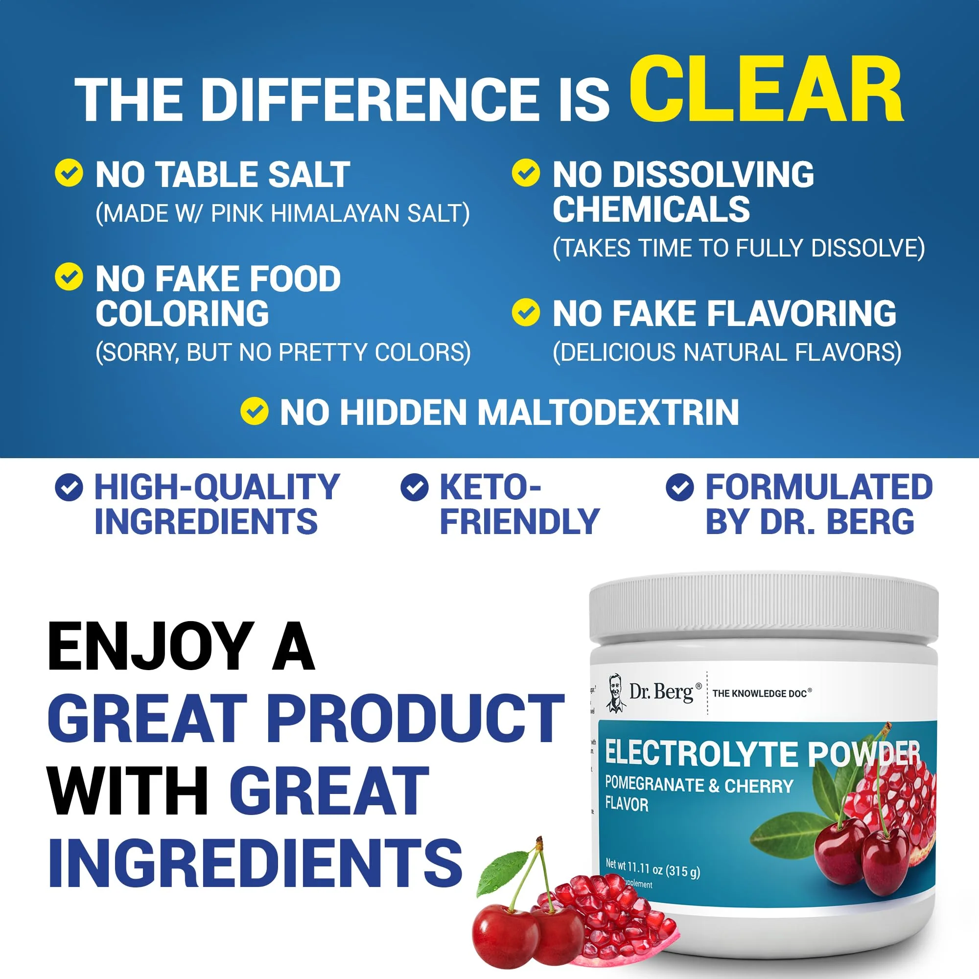 Dr. Berg Zero Sugar Hydration Keto Electrolyte Powder - Enhanced w/ 1000 mg of Potassium & Real Pink Himalayan Salt (NOT Table Salt) - Pomegranate and Cherry Hydration Drink Supplement - 50 Servings - Image 4
